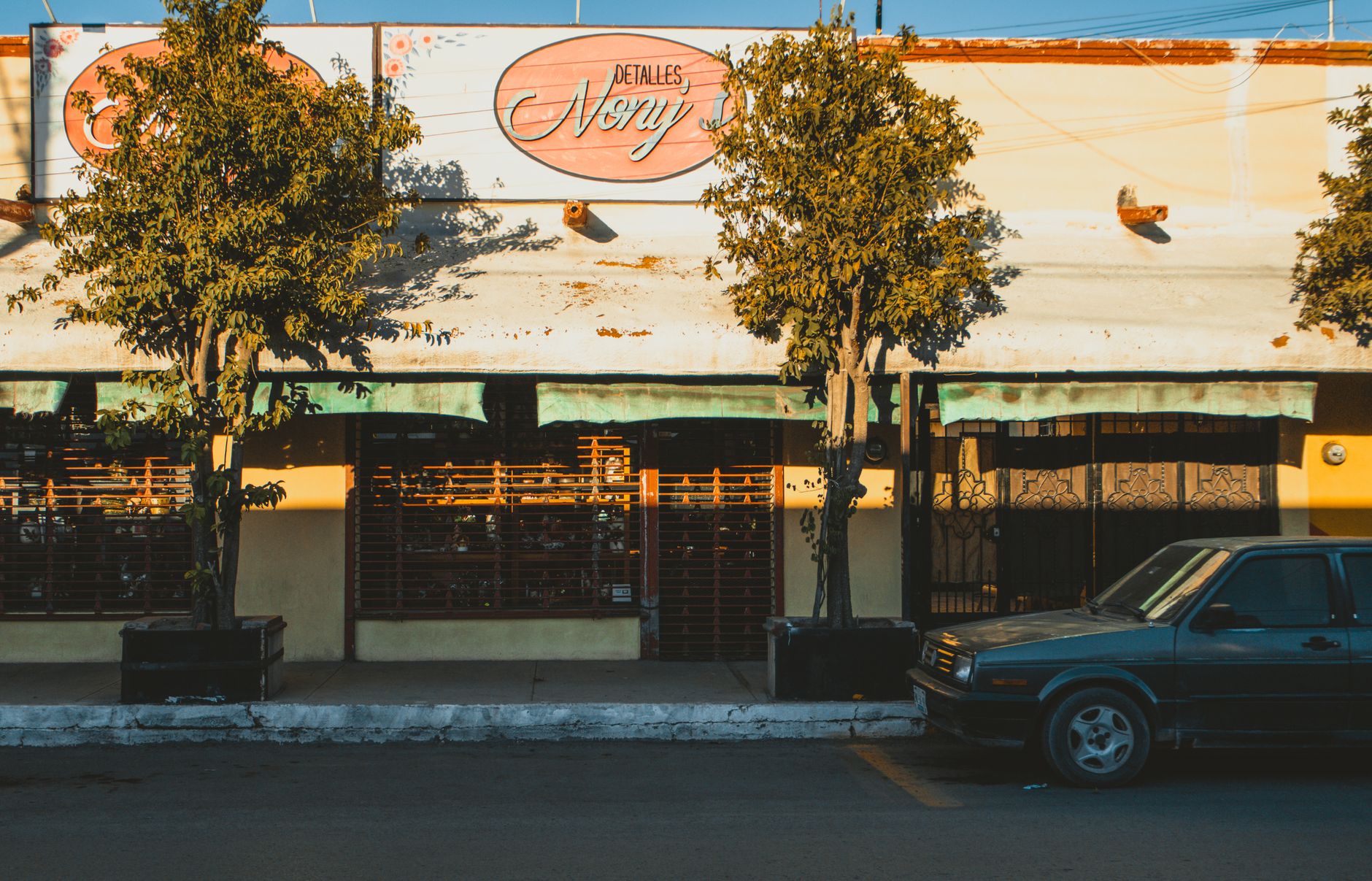 Sunlit view of a charming storefront in Pedro Meoqui, Mexico with vibrant urban atmosphere.