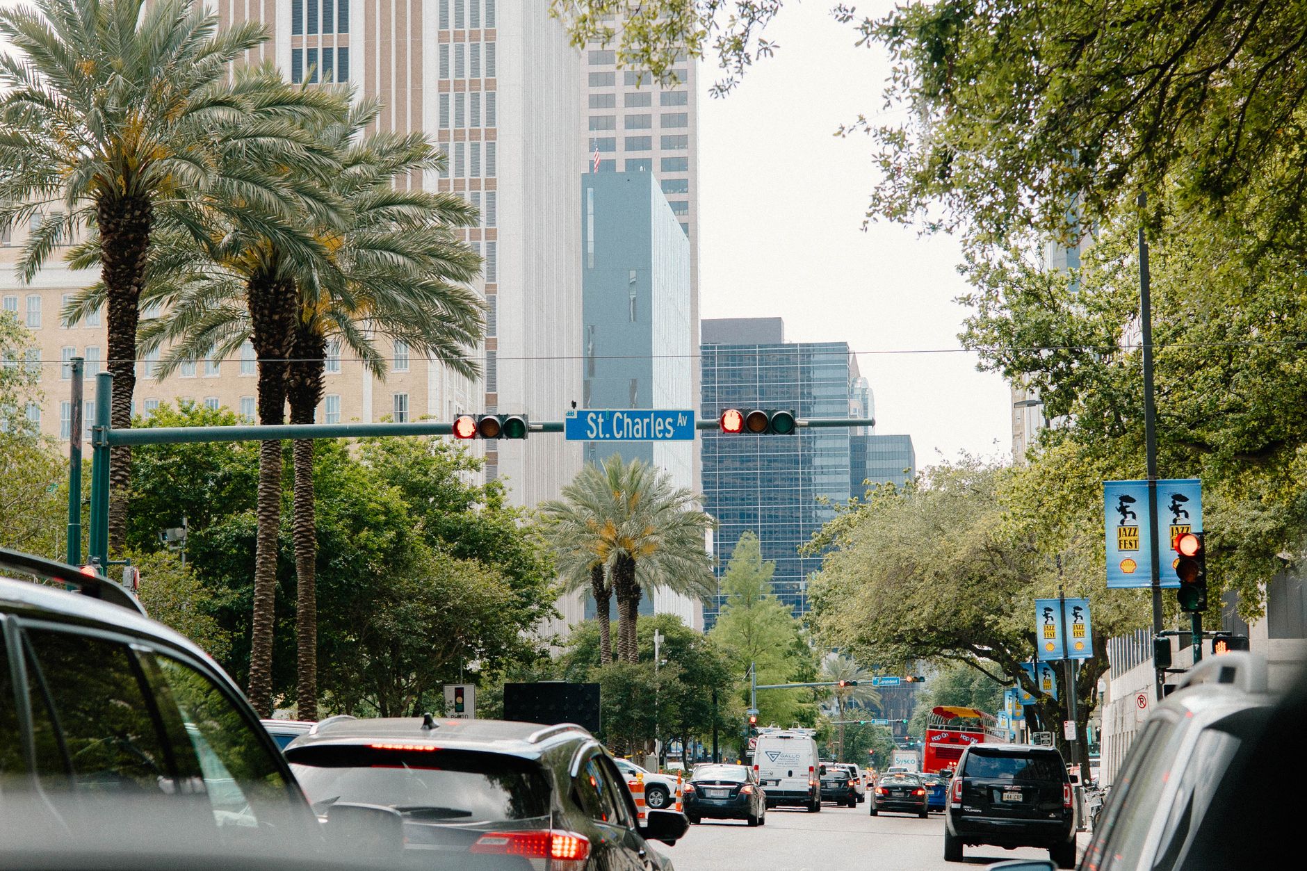 St. Charles Avenue in New Orleans with palm trees and passing traffic.
