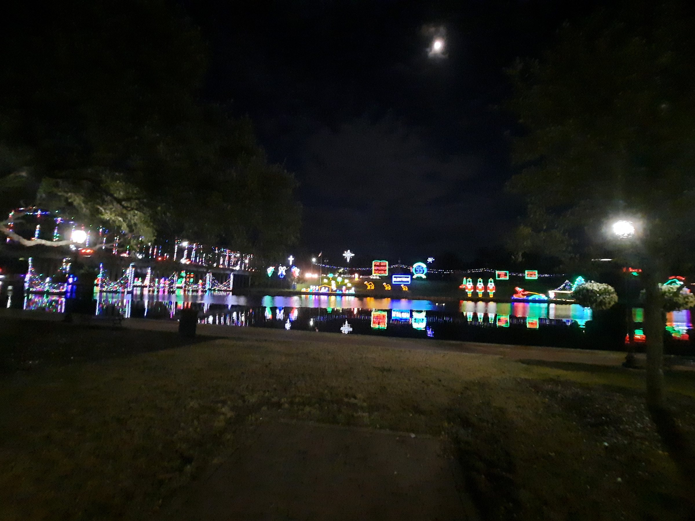 Holiday light displays along Cane River Lake during the Natchitoches Christmas Festival in Natchitoches, Louisiana