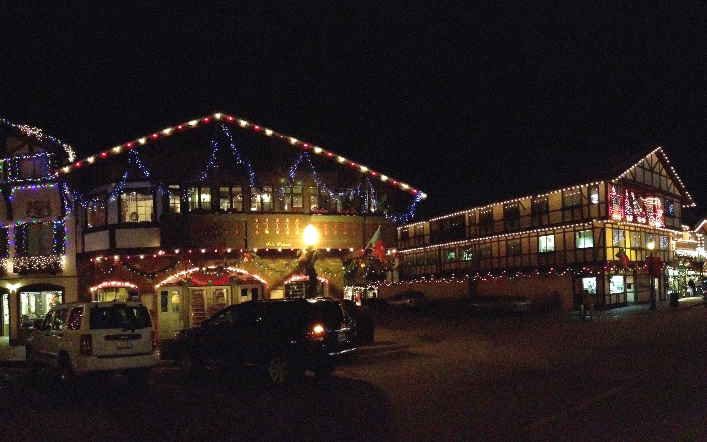 Front Street in Leavenworth, Washington, lit for the holidays at night