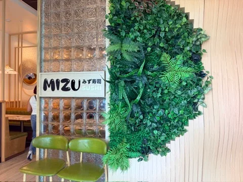 Living green plant wall beside the Mizu Sushi entrance sign