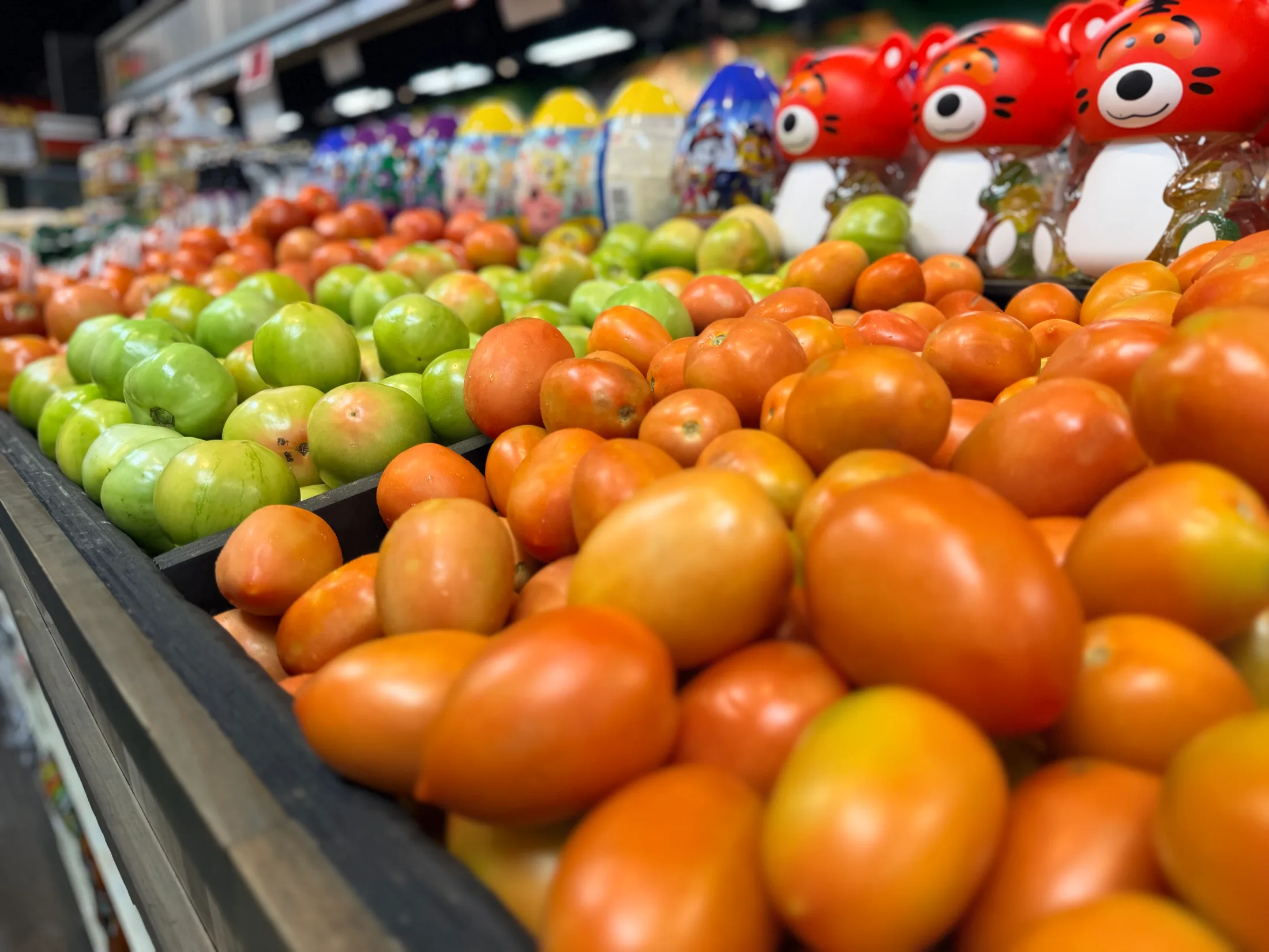 Close-up of ripe and green tomatoes in the produce section at Thrifty Specialty Produce and Meat