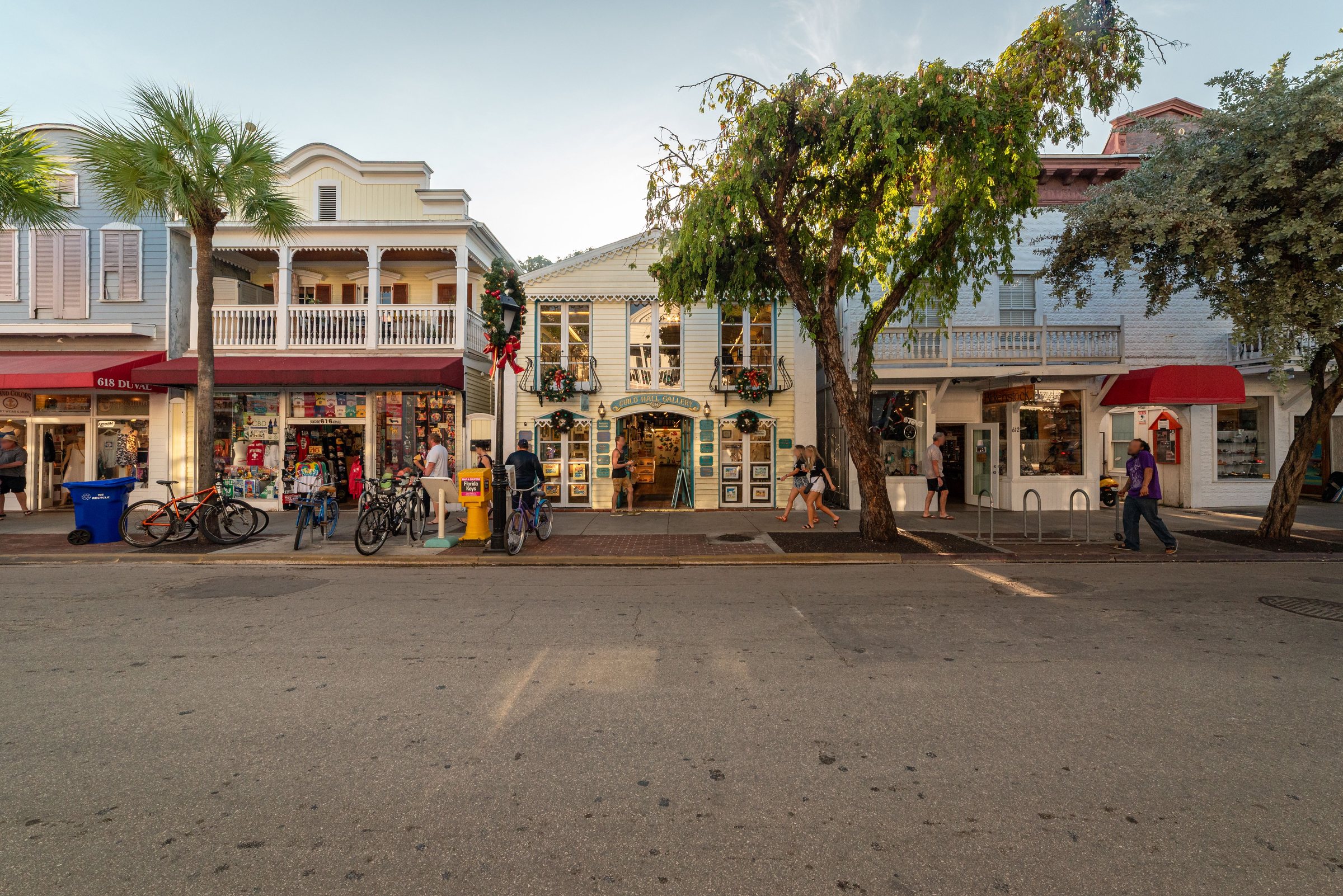 Shopfronts and bicycles on Duval Street in Key West, Florida
