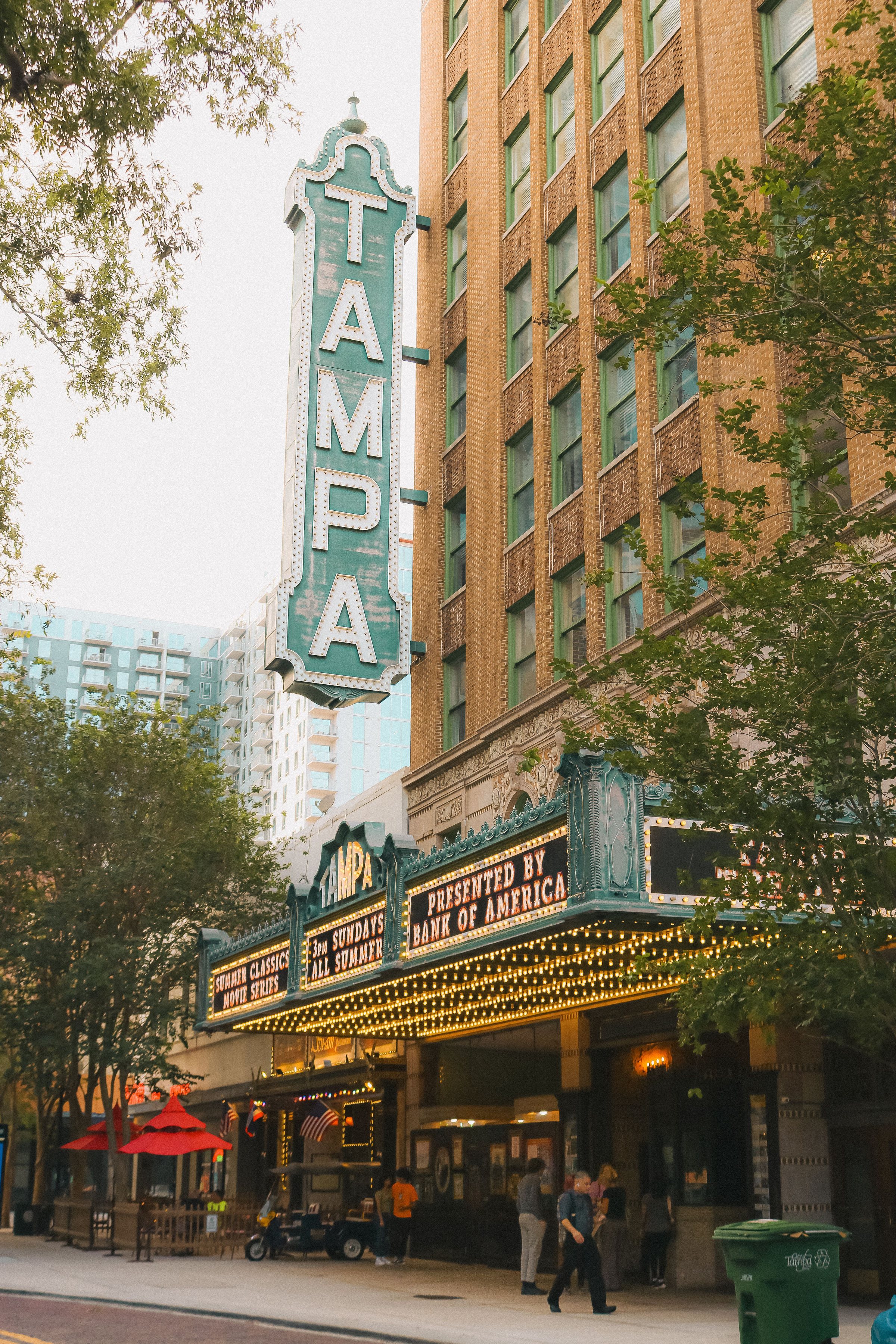 Historic Tampa Theater facade with signage in downtown Tampa, Florida