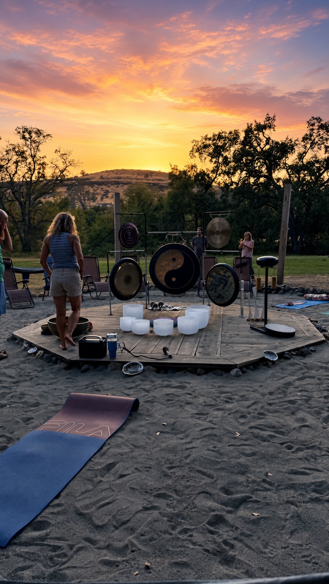 Octagon redwood stage at sunset in The Meadow, Butte Valley