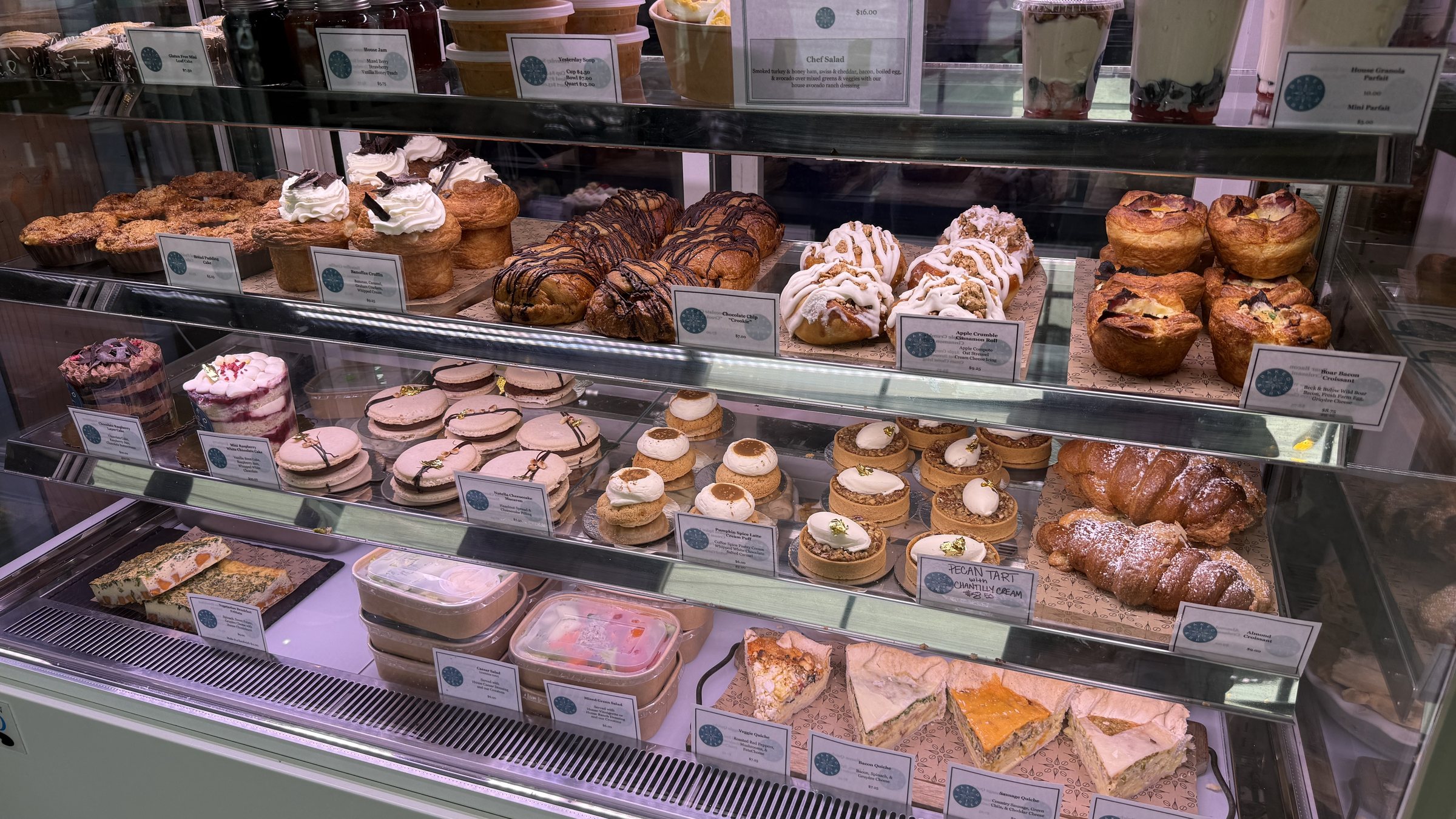 Close view of the front case shelves at Baked and Brew