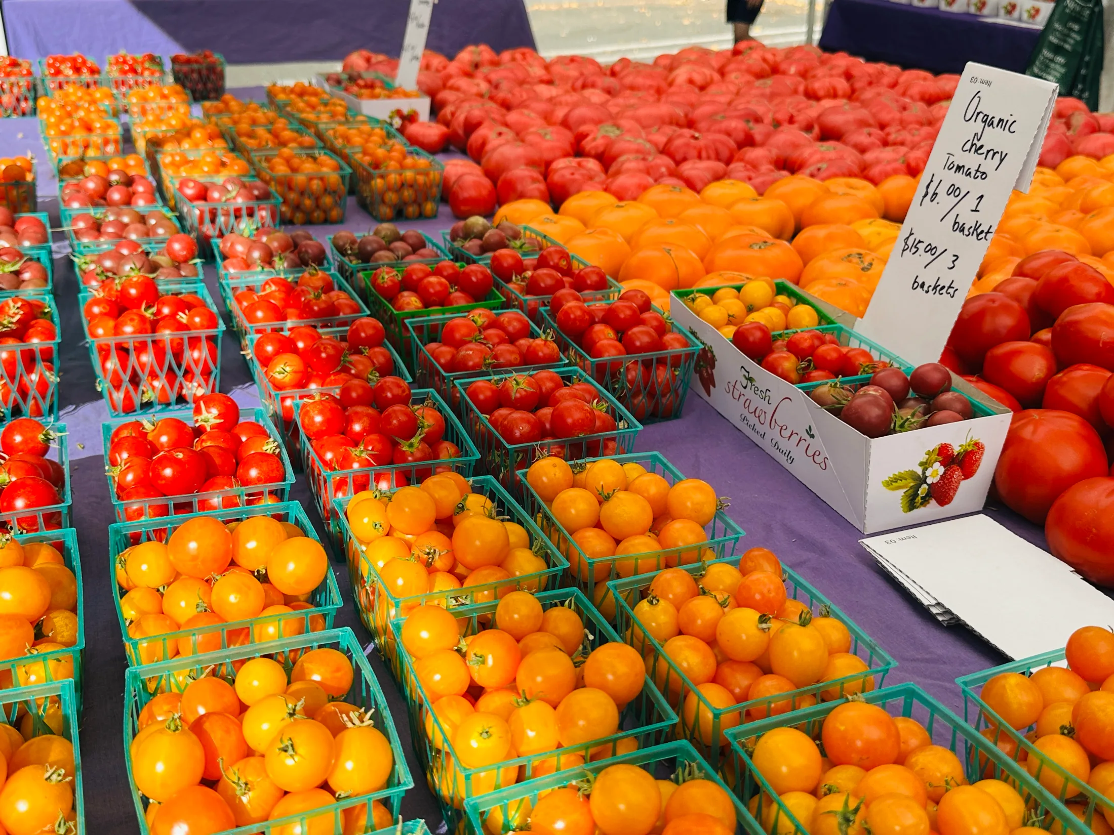 Rows of colorful organic cherry tomatoes in baskets at a farmers market produce stand