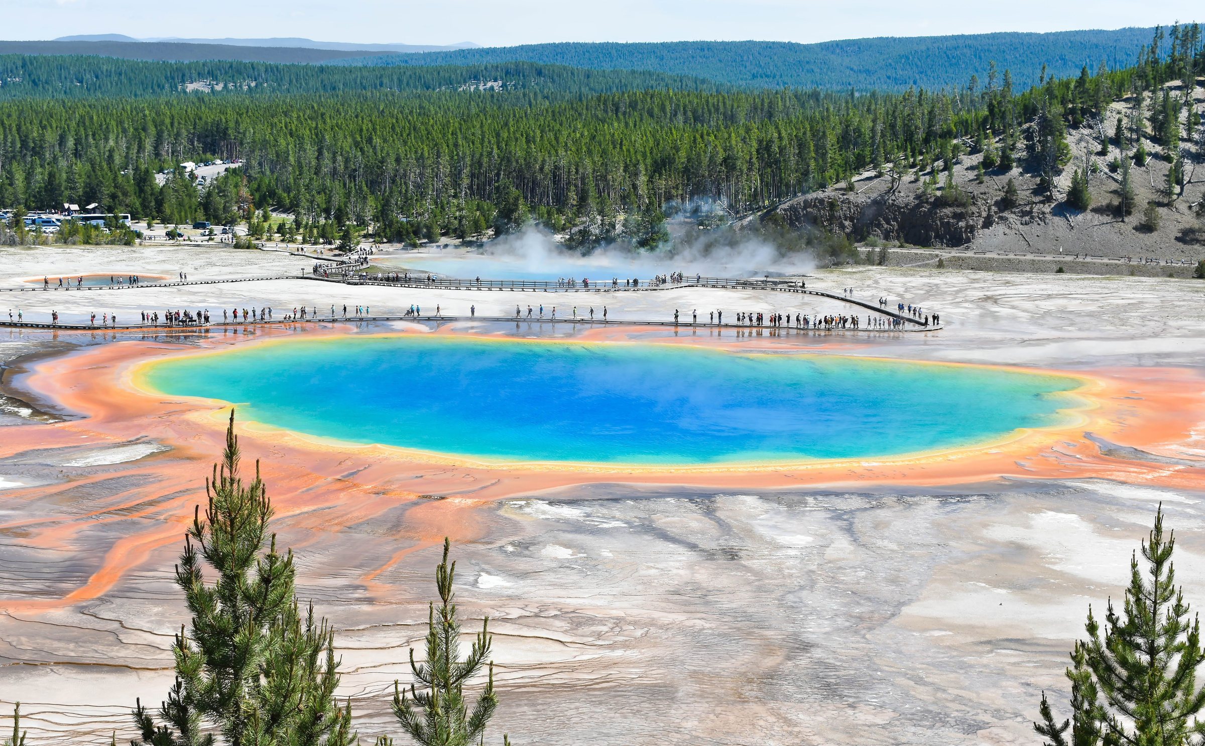 High view of a round hot spring with a bright blue center ringed by green, yellow and orange bands, with a boardwalk along it