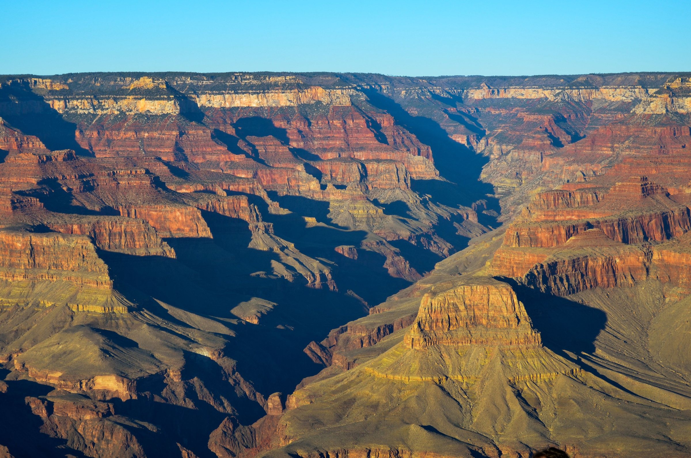 A wide view across a deep canyon of layered red, orange and tan rock walls under a clear blue sky
