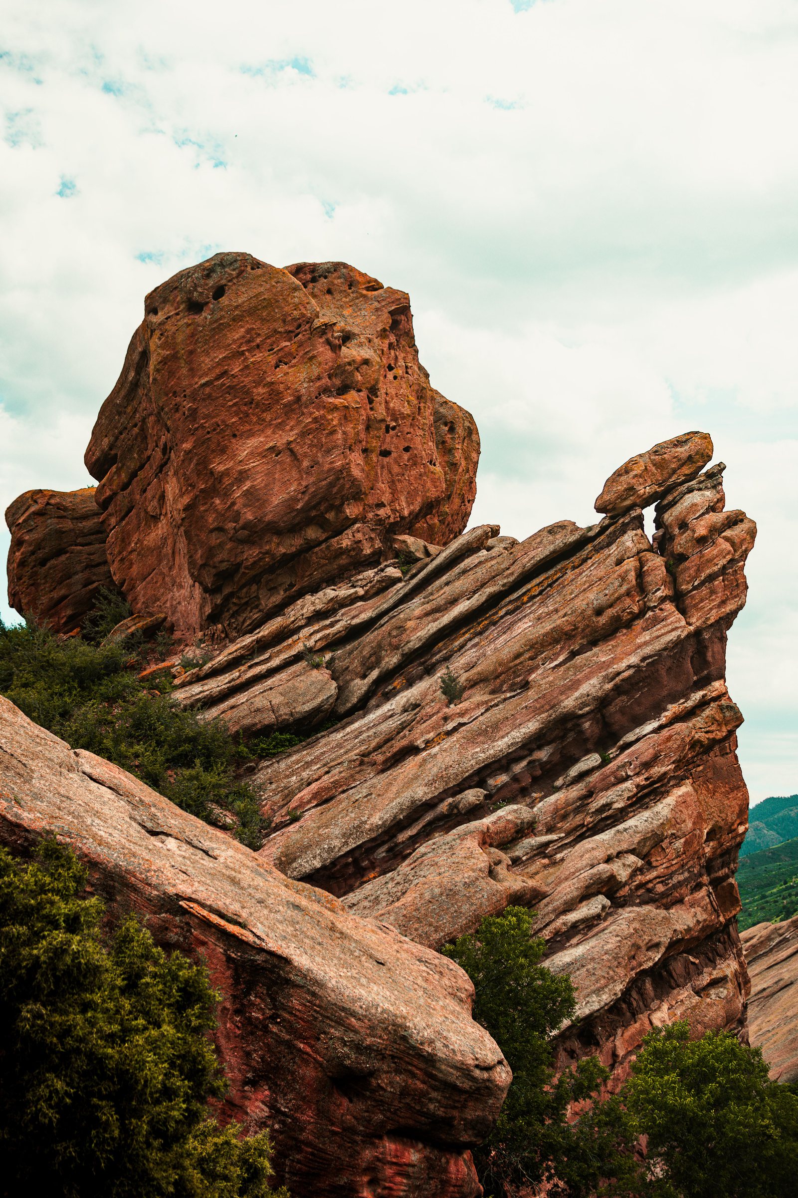 Red Rocks sandstone formations near Denver, Colorado under a cloudy sky