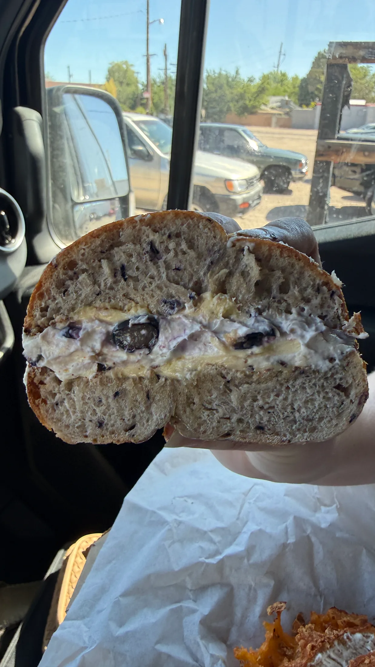 Cross-section of a blueberry bagel with grassfed butter and blueberry cream cheese, held up against a sunny car window