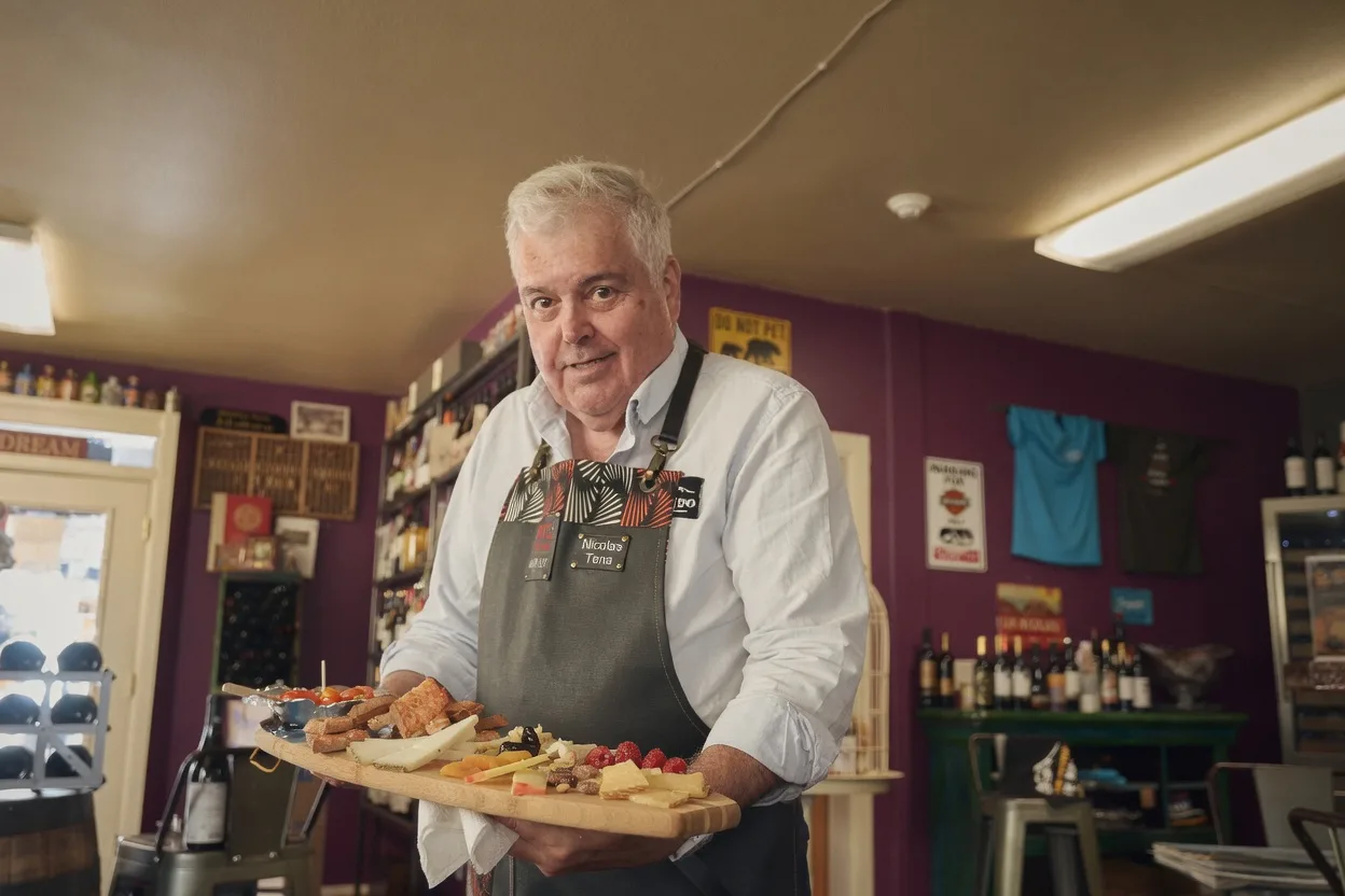 Nicolas Tena holding a Spanish tapas board inside Clandestino, Mt. Shasta