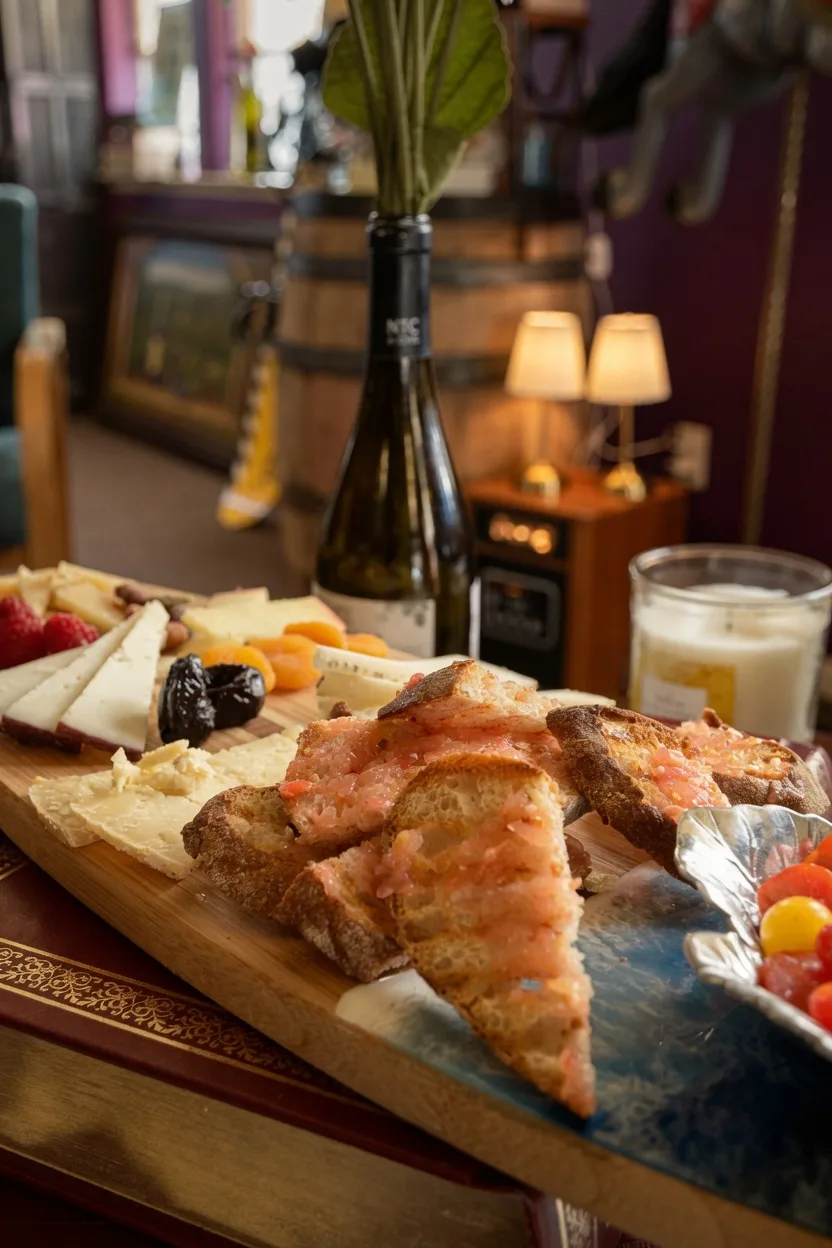 Close-up of pan con tomate slices and Spanish cheese board at Clandestino