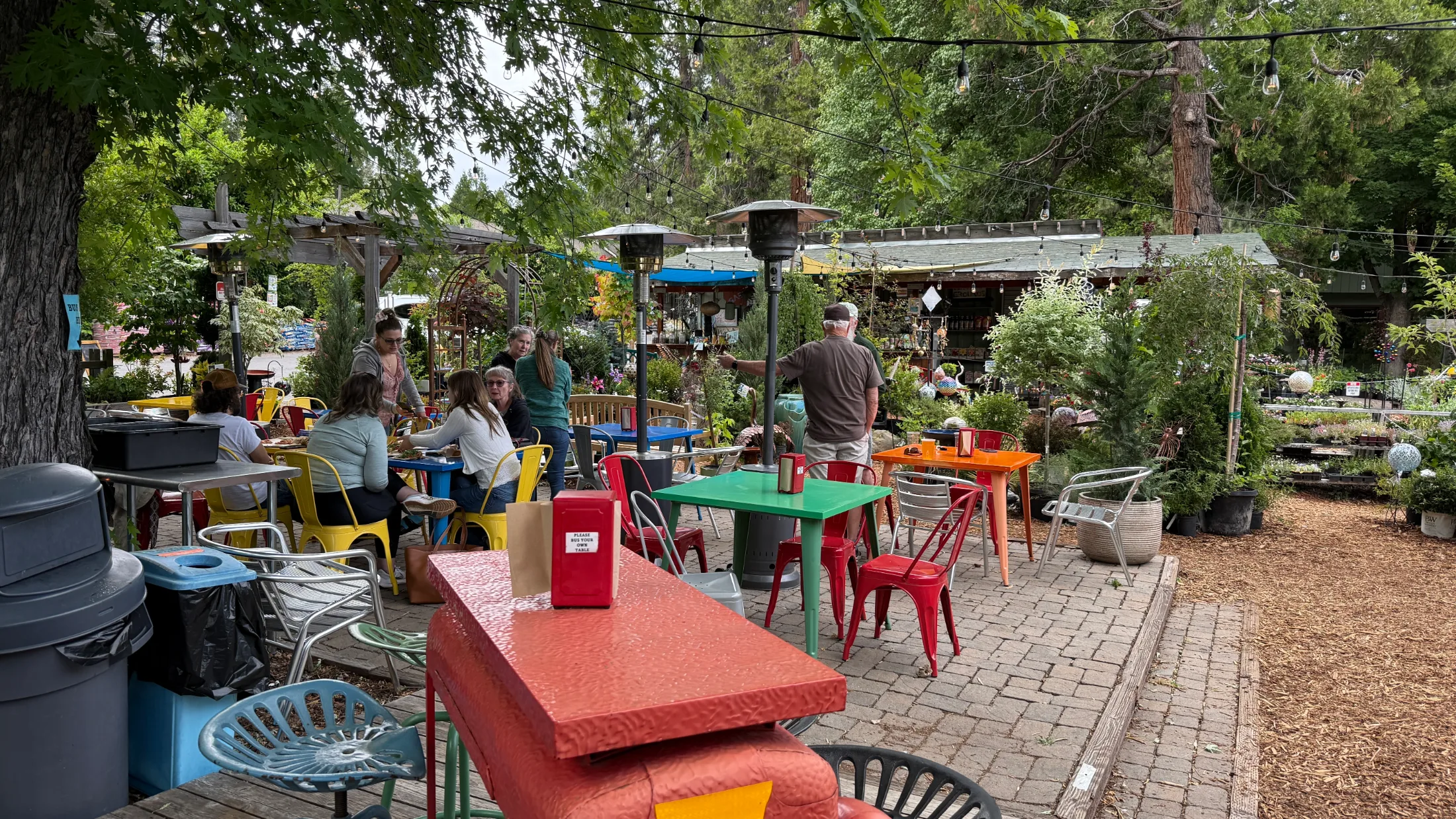 Guests seated at colorful outdoor tables surrounded by nursery plants and tall trees at Garden Tap
