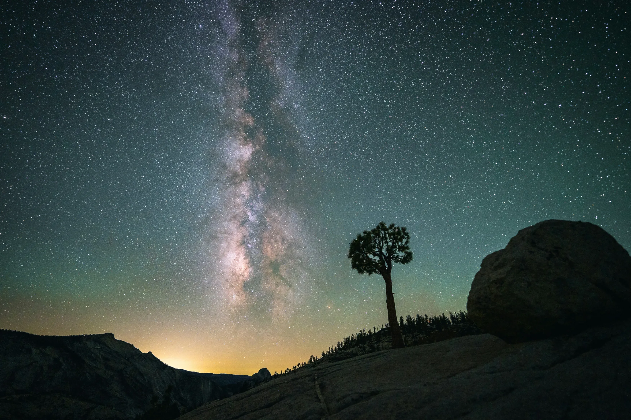 The Milky Way rising above a lone tree silhouetted on a granite ridge at night