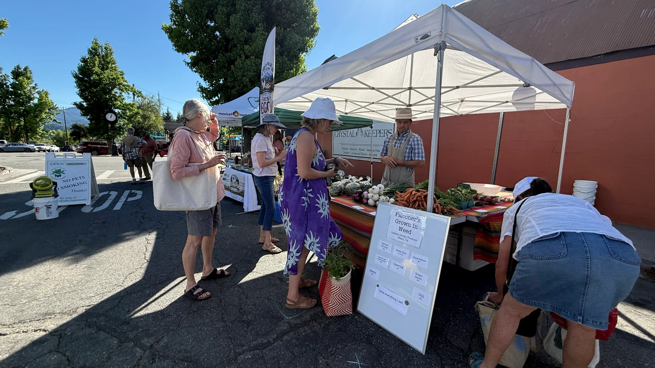 Shoppers cluster around Falconer's Grown in Weed produce stand under a white canopy, with carrots, onions, greens, and beets on a striped tablecloth. A Crystal Keepers banner is visible behind.