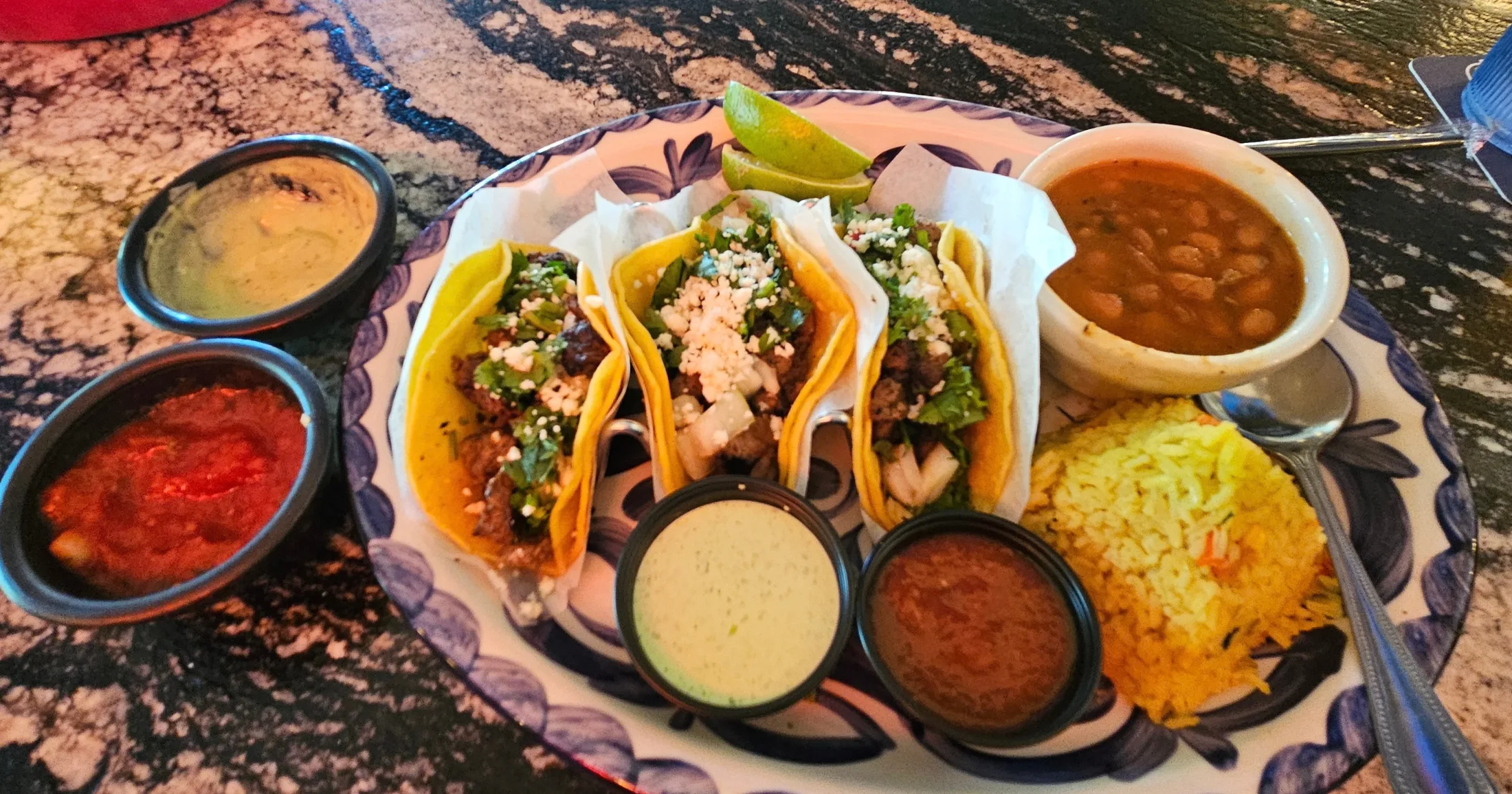 Ribeye street tacos with rice and beans at Gringo's Tex-Mex