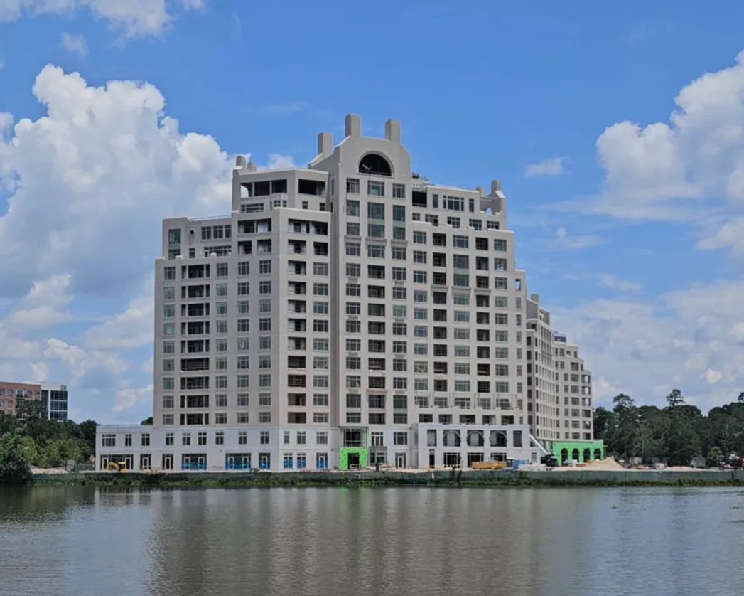 High-rise residential tower under construction along the Waterway in The Woodlands