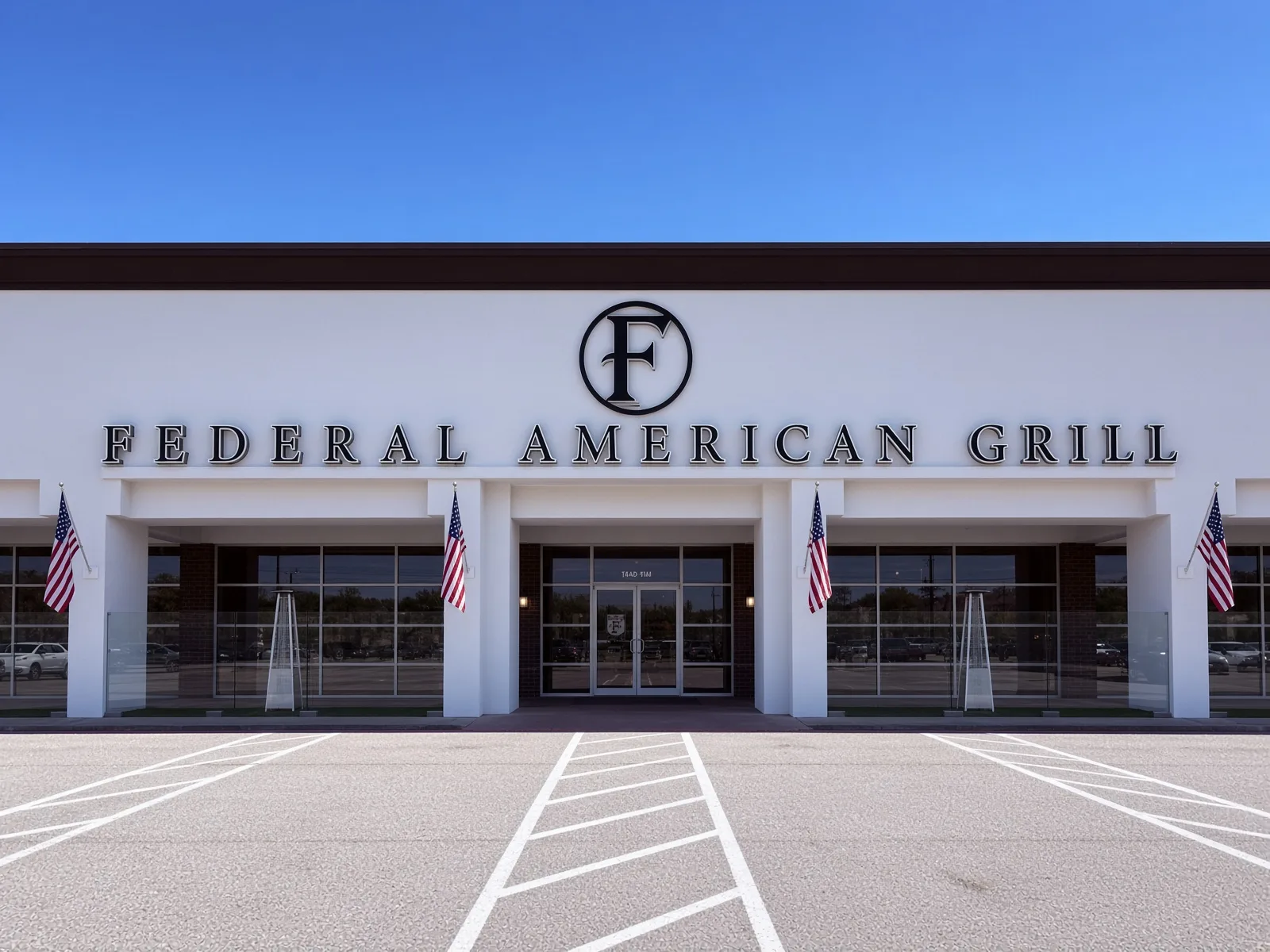Federal American Grill exterior with American flags and bold block lettering on a white facade