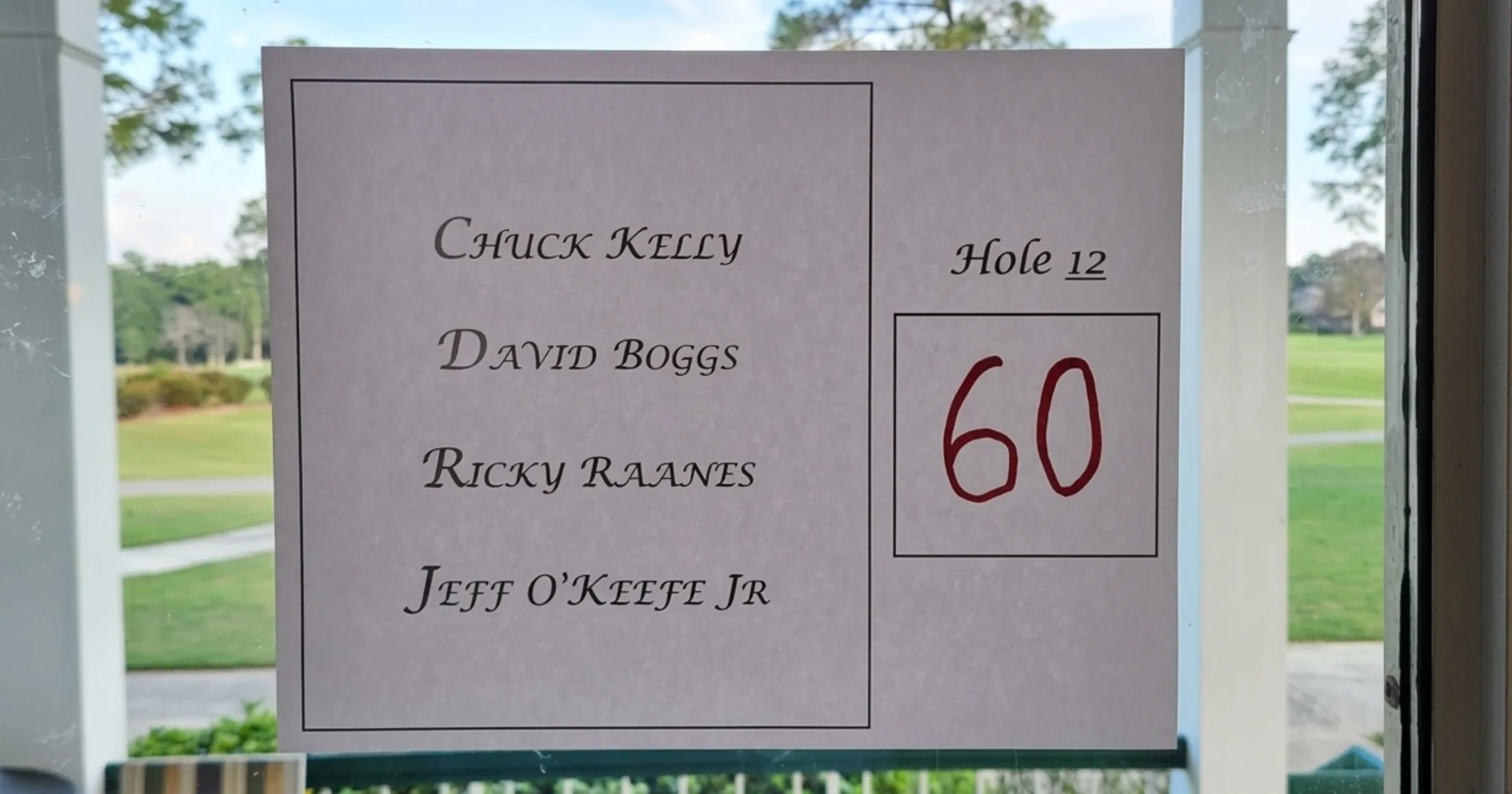 Final scorecard showing Chuck Kelly, David Boggs, and Jeff O'Keefe Jr. starting on Hole 12
