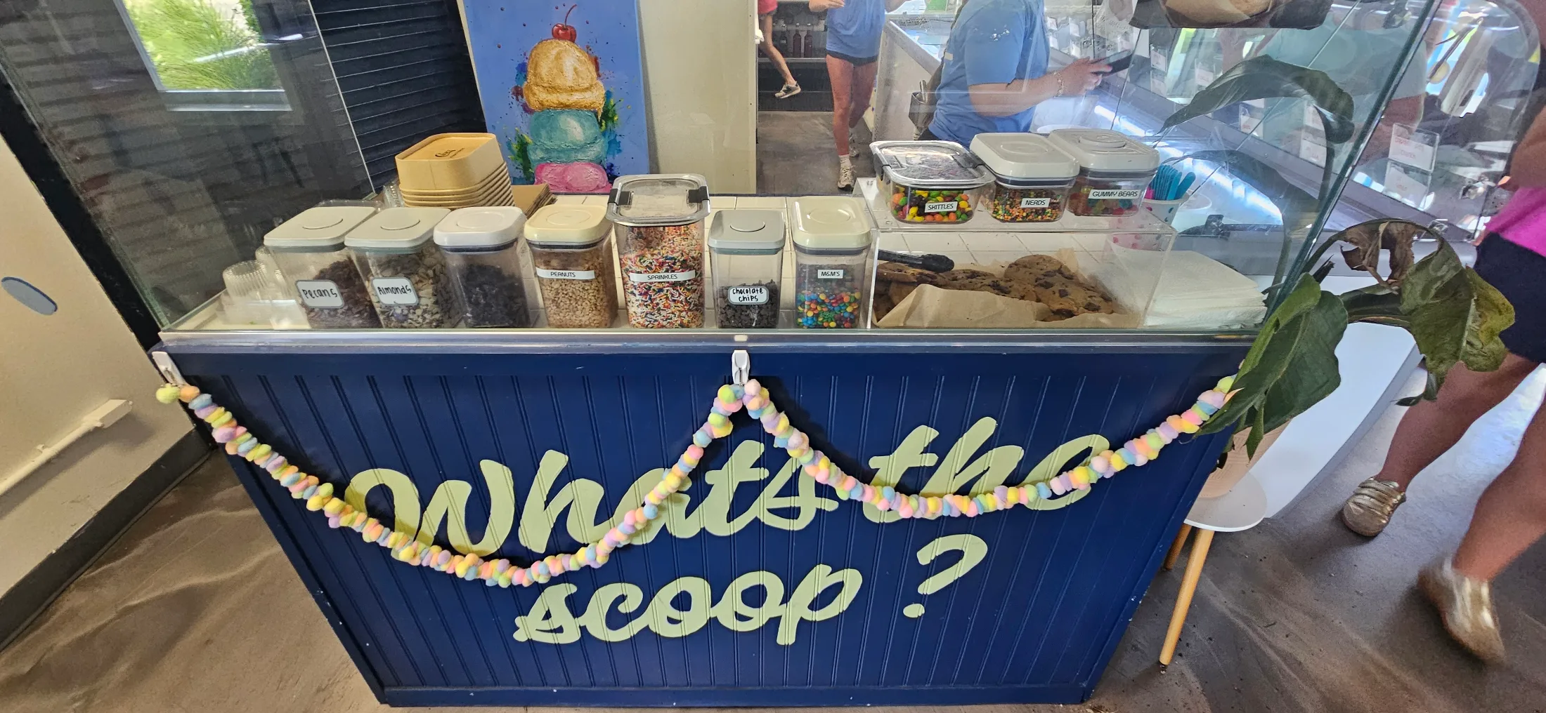 Ice cream topping station at Flying Dolly's with containers of pecans, almonds, peanuts, sprinkles, chocolate chips, M&Ms, Skittles, Nerds, and gummy bears