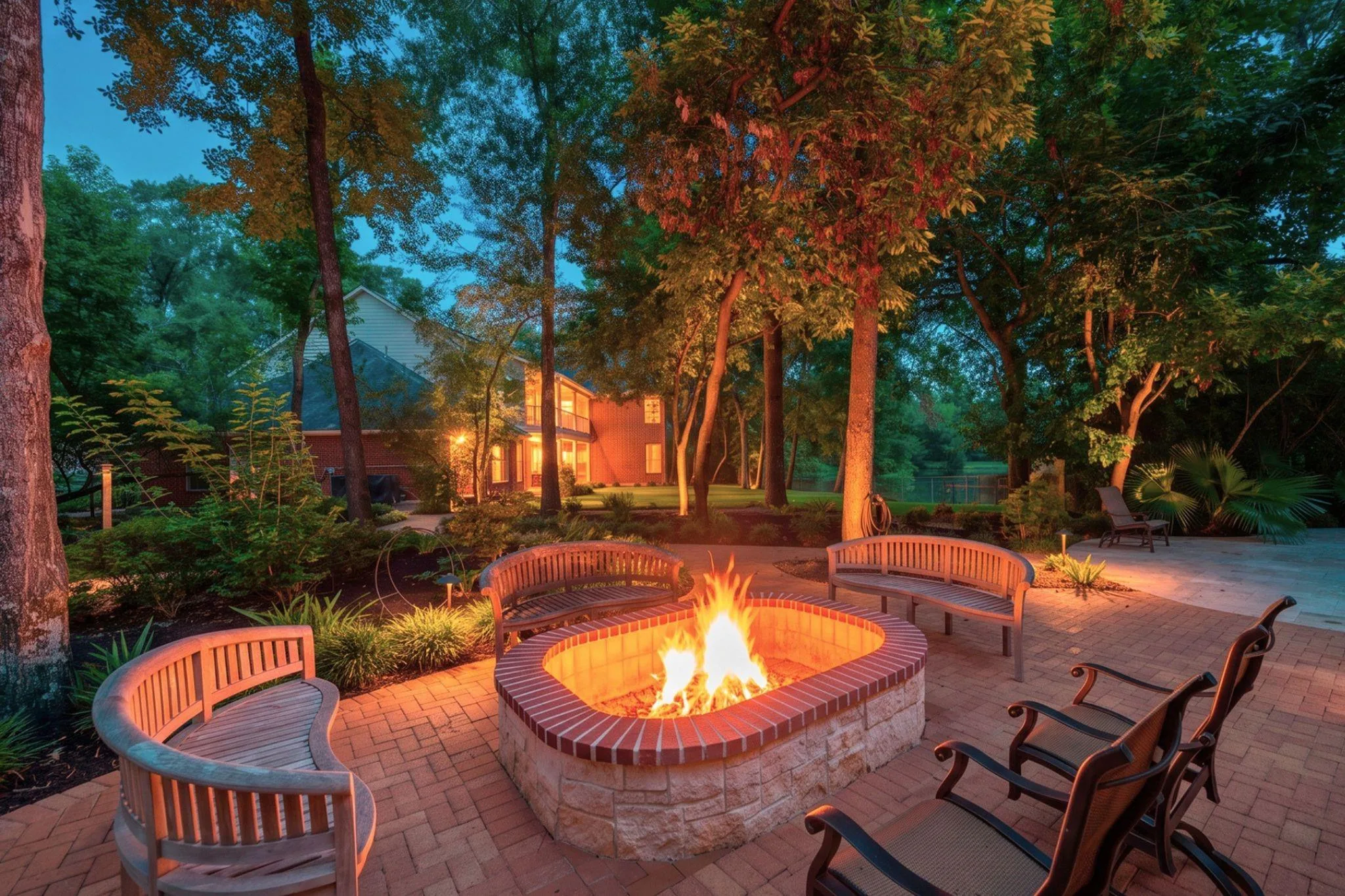 Fire pit with curved bench seating and landscape lighting at dusk at 7 Pastoral Pond Circle, with the guest house visible through the trees