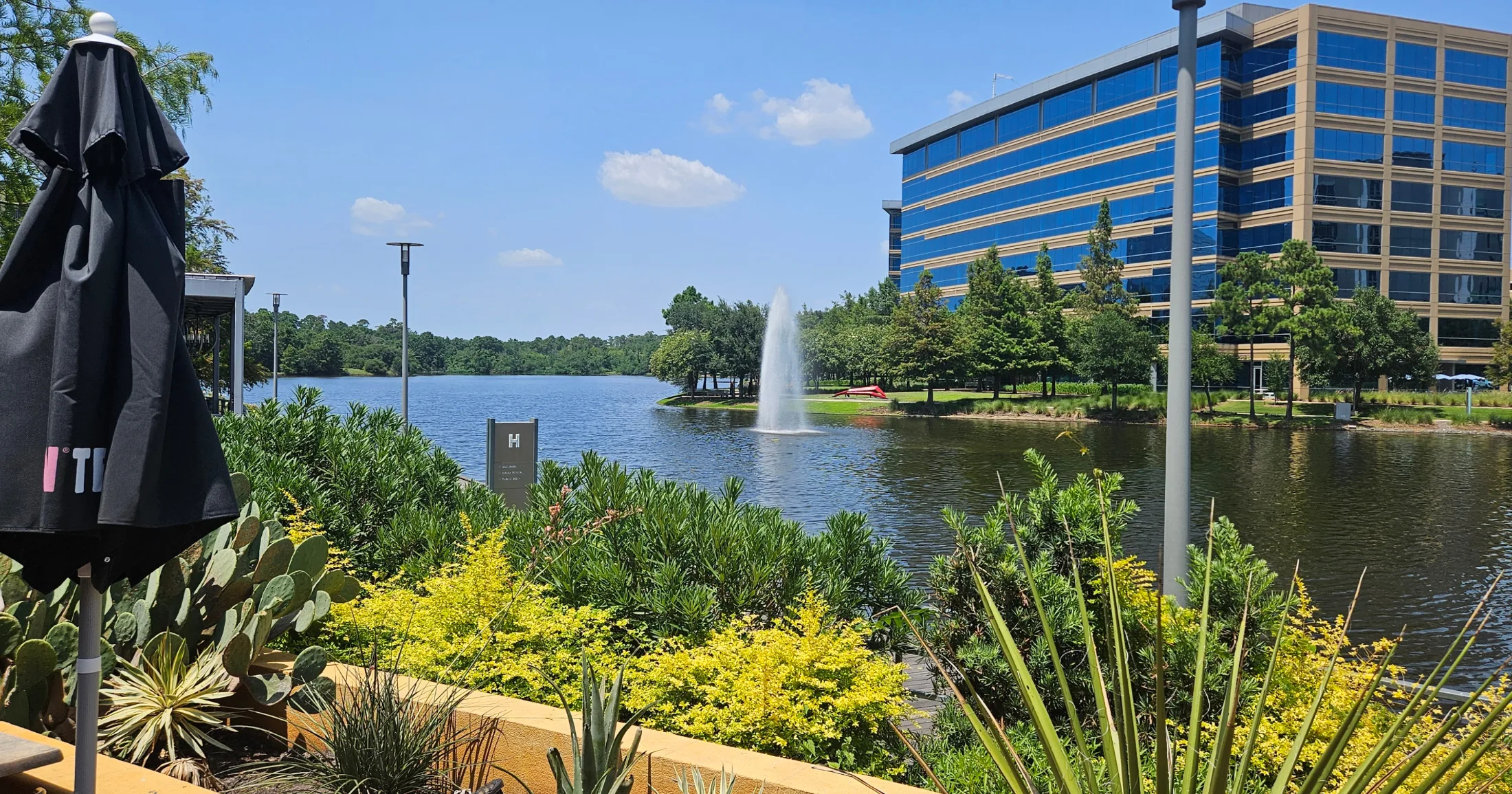 Lake and fountain at The Woodlands Town Center with office building in background