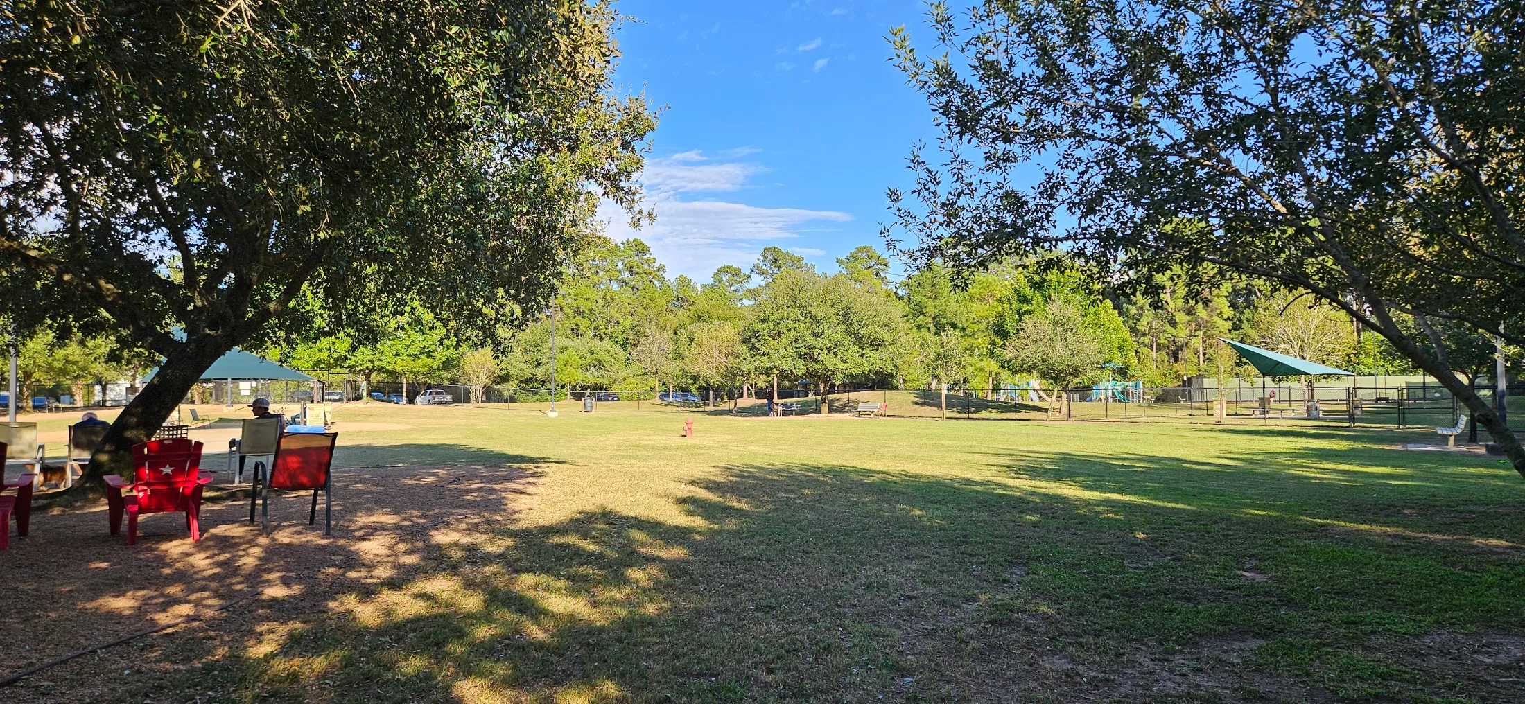 View from the shaded oak end of the Cattail Park dog park, red Adirondack chairs in the foreground, wide green field and second shade structure visible across the enclosure