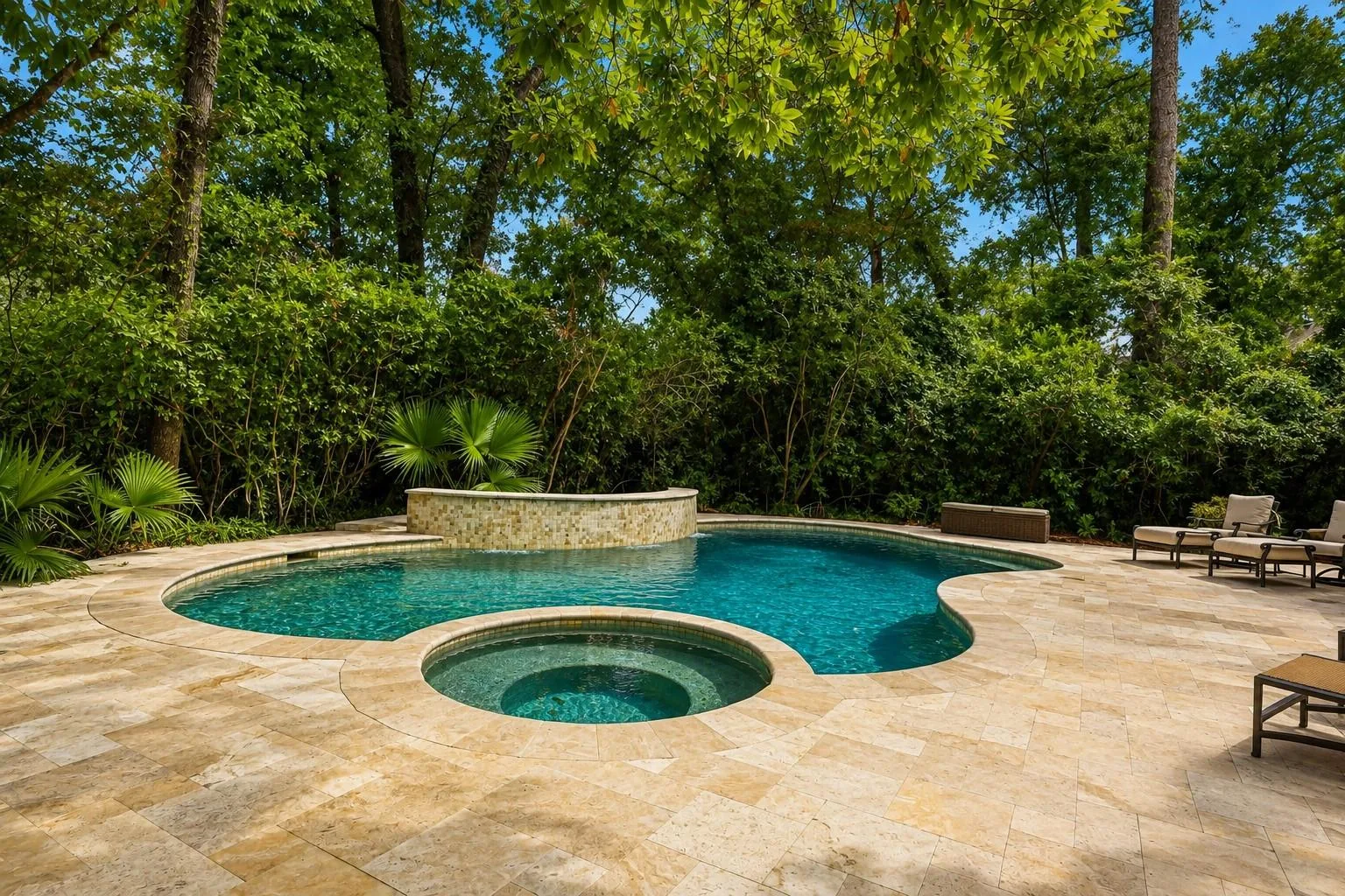 Pool and spa with travertine decking surrounded by mature tree canopy at 7 Pastoral Pond Circle in Grogan's Point