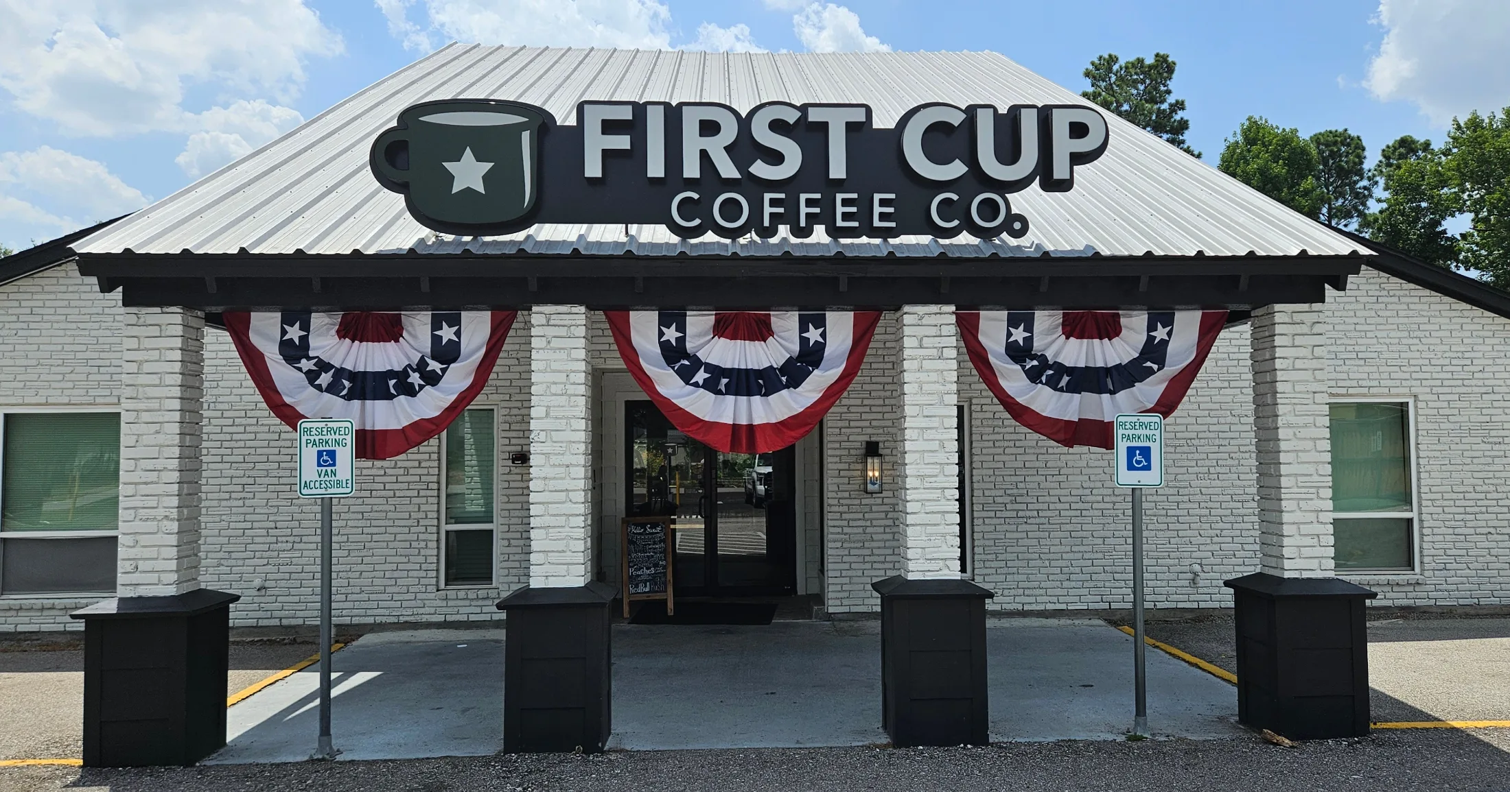 The Entrance to First Cup Coffee Co. in The Woodlands, Texas, with patriotic bunting!