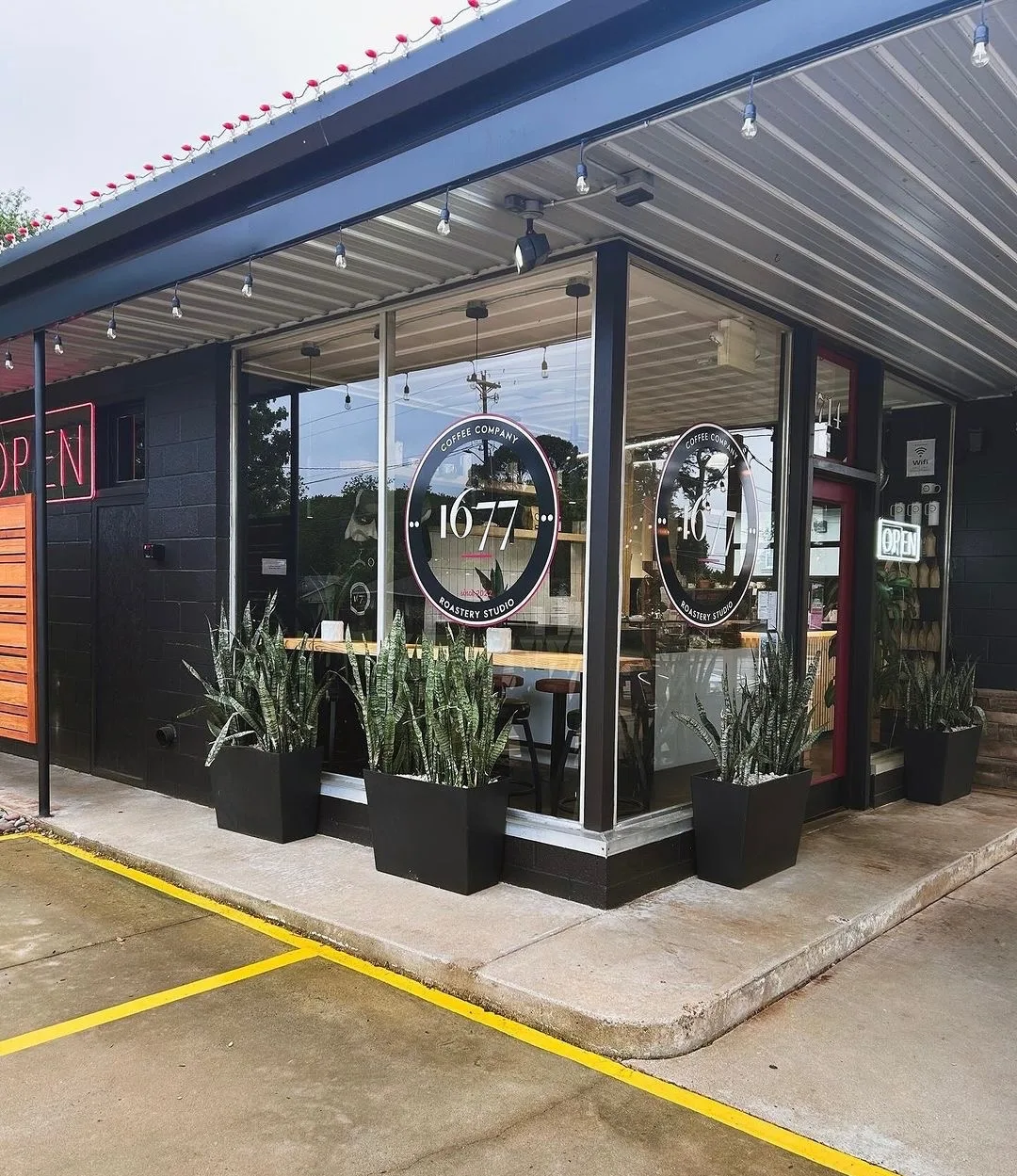 Exterior of 1677 Coffee Co. roastery studio with large logo windows and snake plant planters in black containers