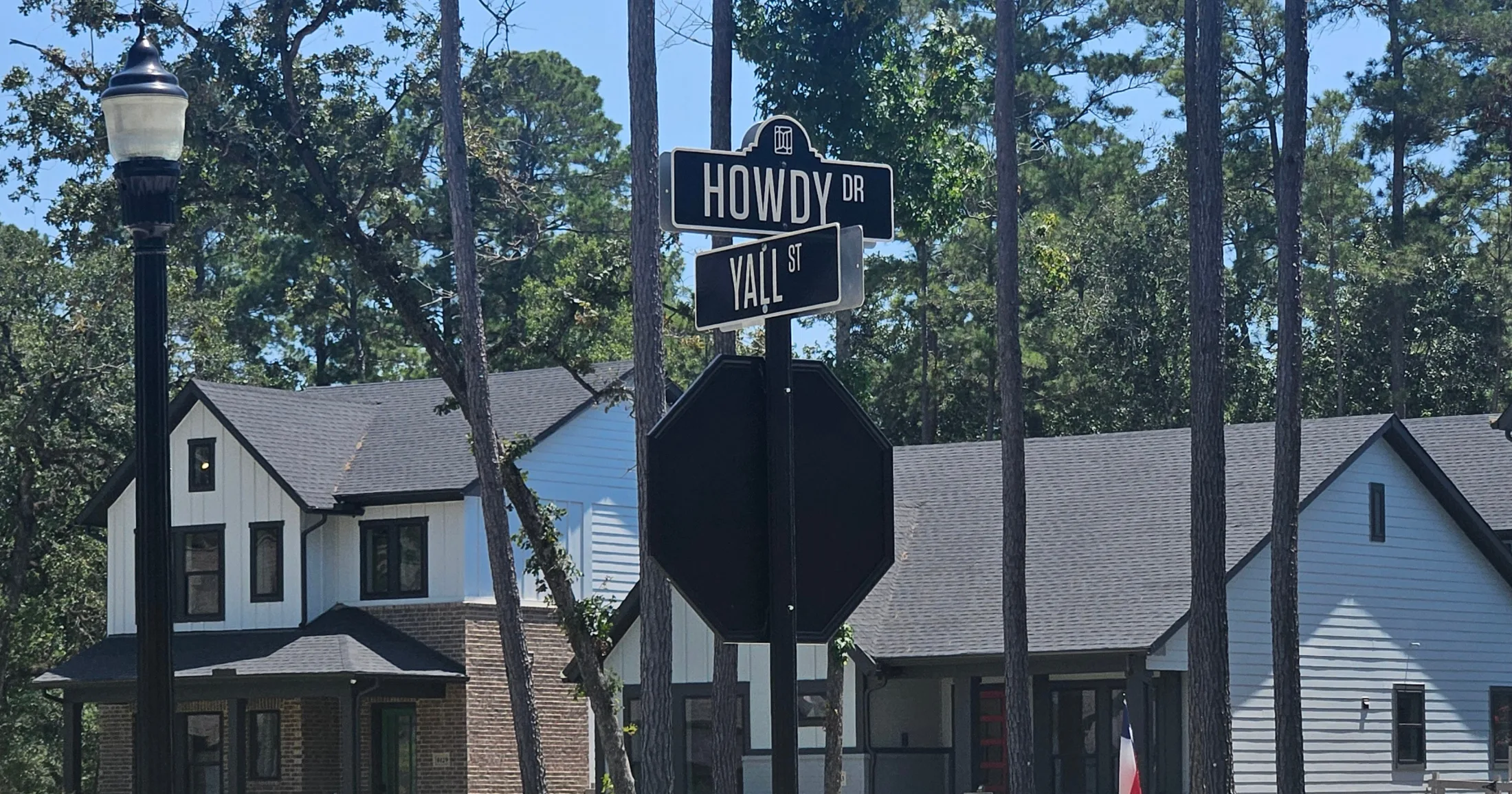 Street sign at the corner of Howdy Drive and Yall Street with new homes behind tall pines