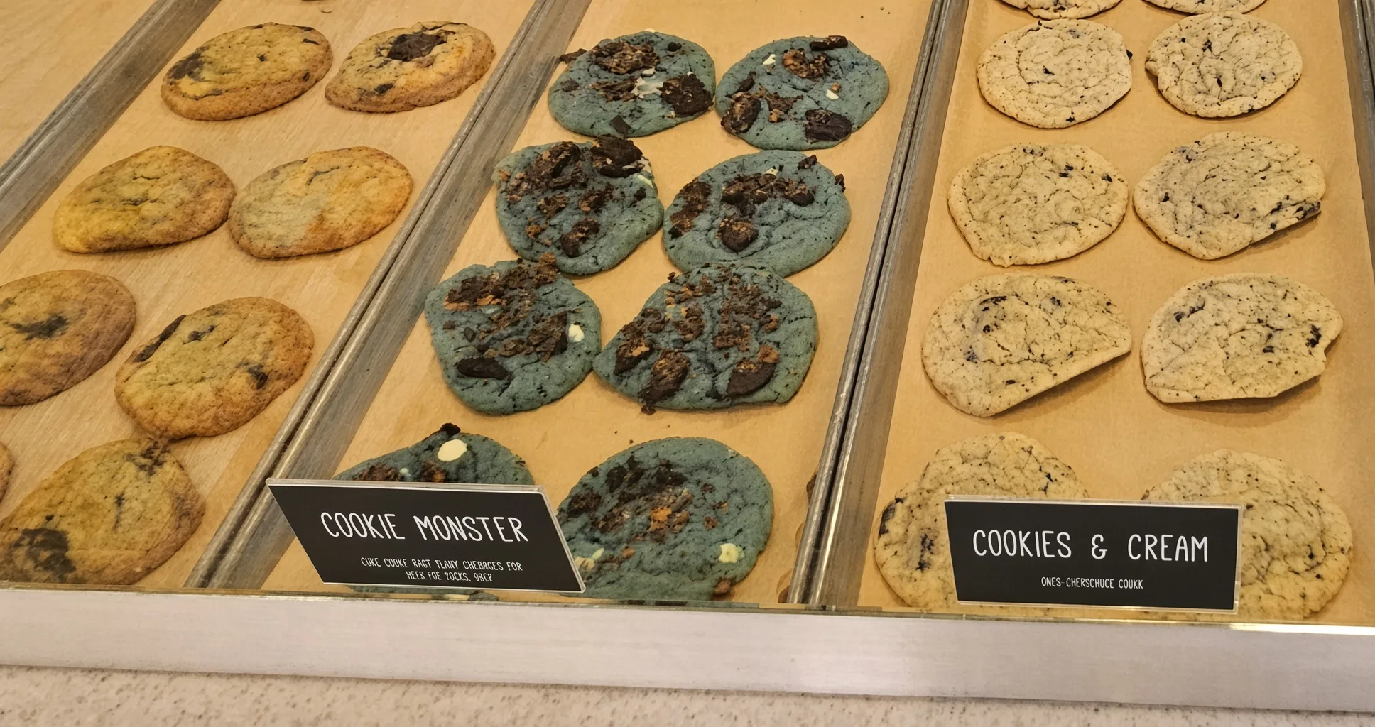 Cookie display case at The Baked Bear showing Cookie Monster and Cookies and Cream varieties laid out on wooden trays