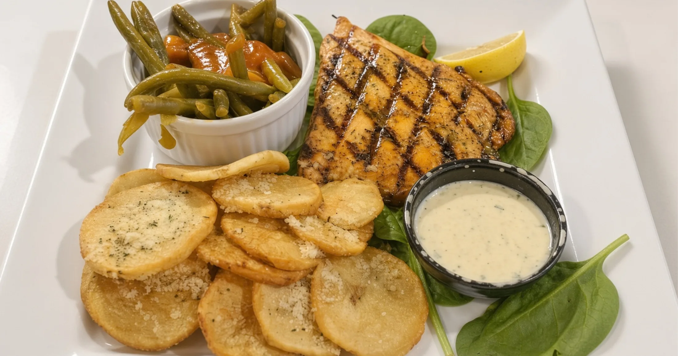 Grilled salmon plate with seasoned potato rounds, green beans, fresh spinach, lemon wedge, and creamy dipping sauce