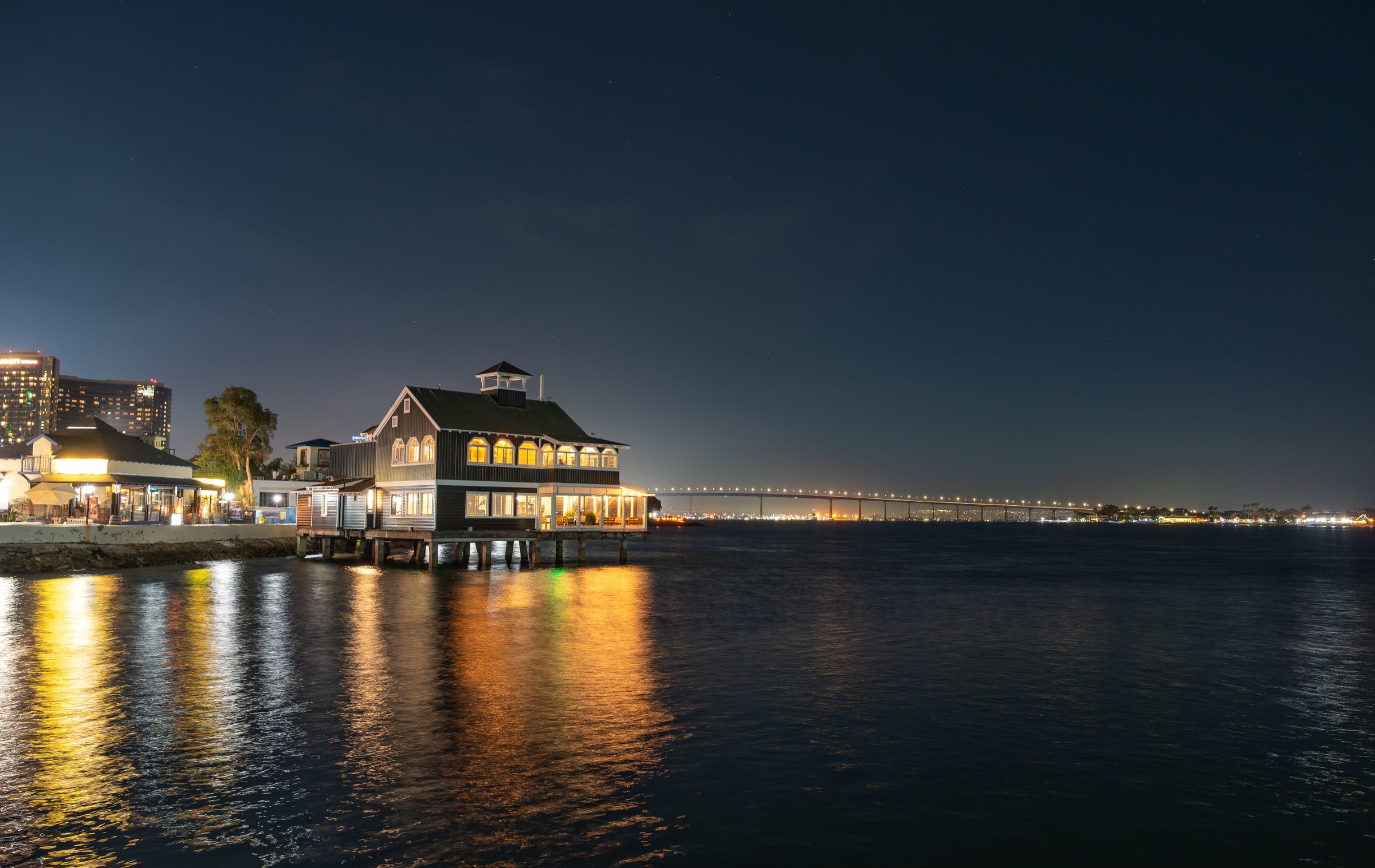 The Embarcadero on San Diego Bay at night