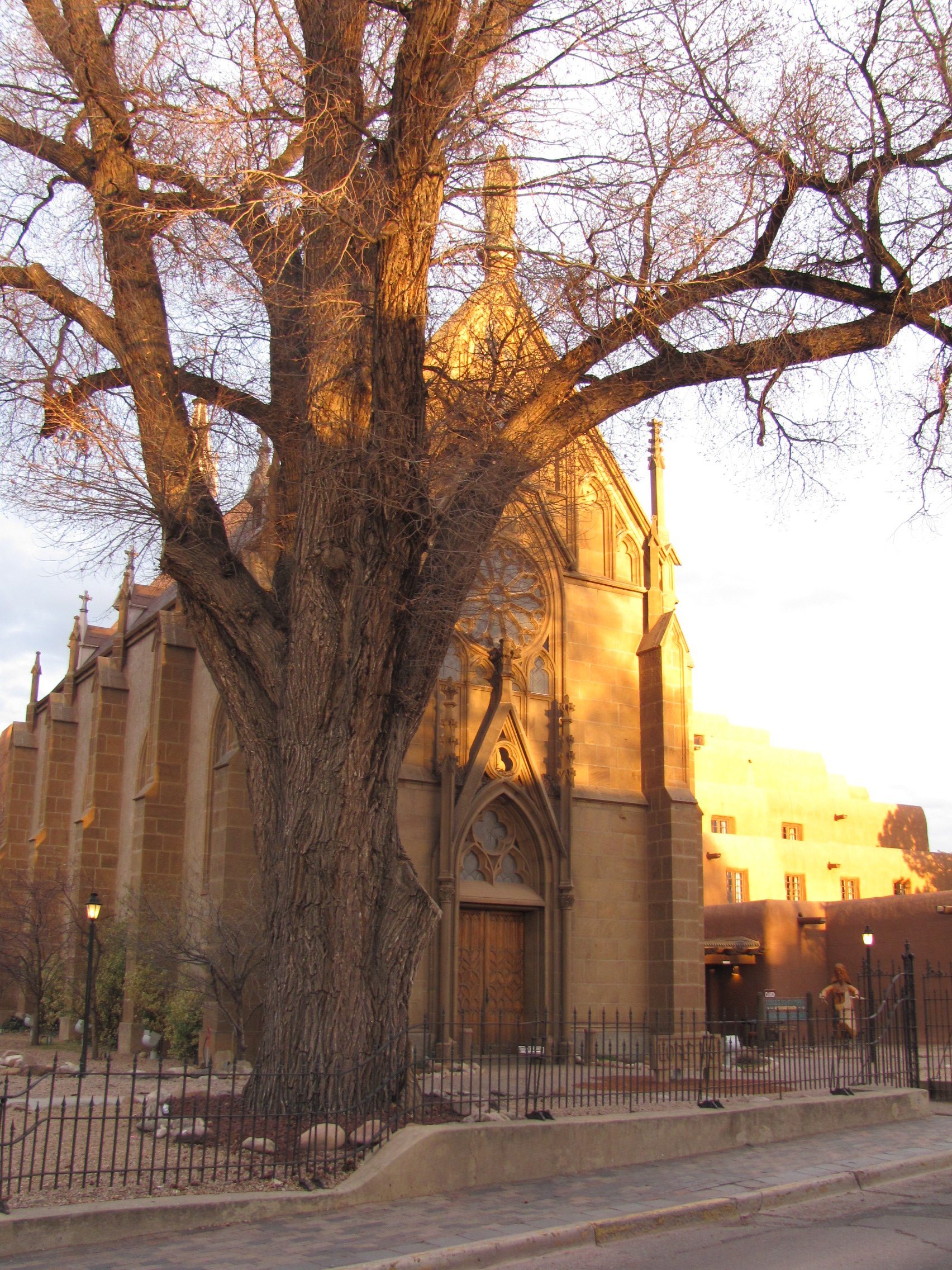 The Loretto Chapel exterior, a Gothic Revival stone chapel