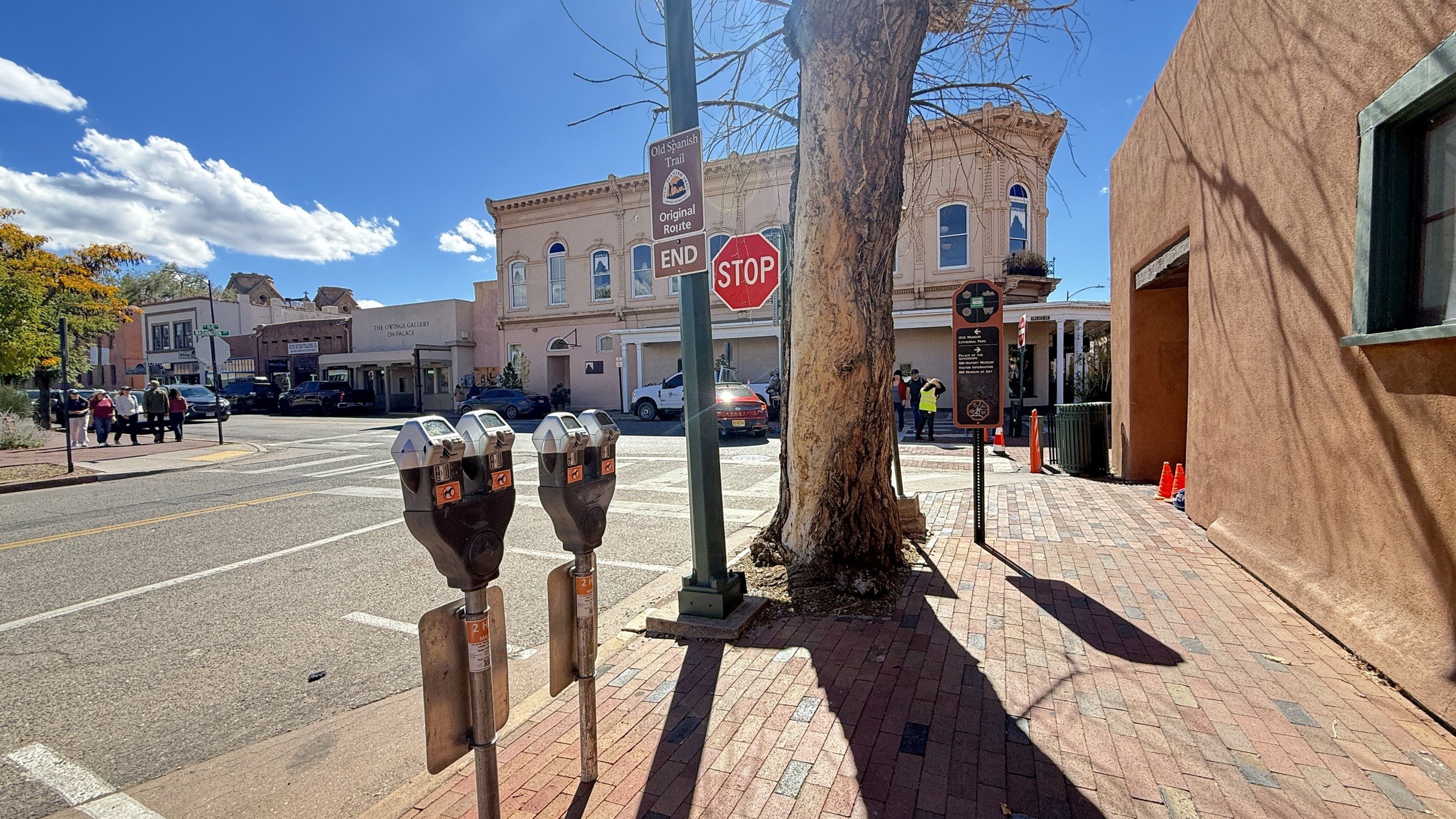 A brick sidewalk corner with two parking meters, a bare tree trunk and two story buildings across the street under a blue sky