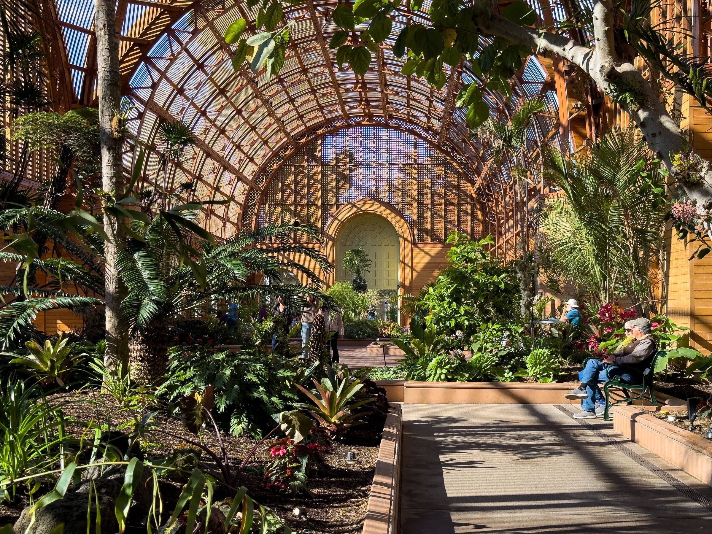 Greenery and architecture inside the Botanical Building at Balboa Park, San Diego
