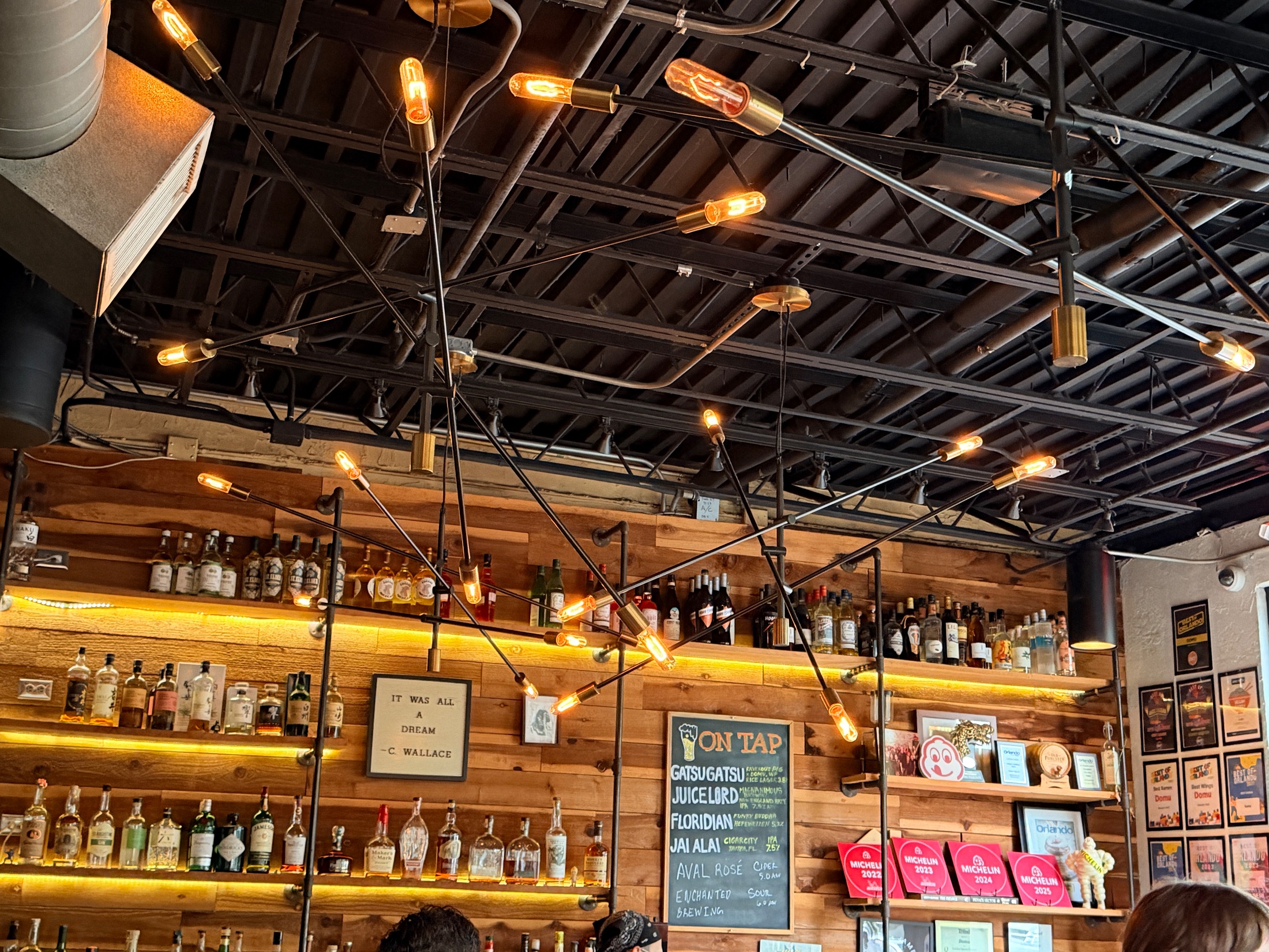 Full dining room at DOMU packed with guests at tables, warm Edison lighting overhead, hanging plants on rails, and the bar visible in the background