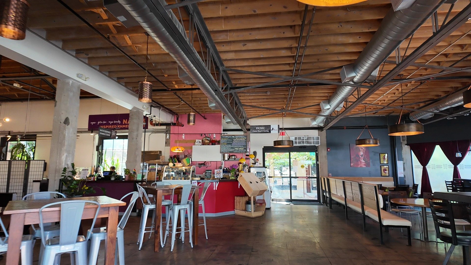 The dining area inside CHOMP Food Hall in Santa Fe.